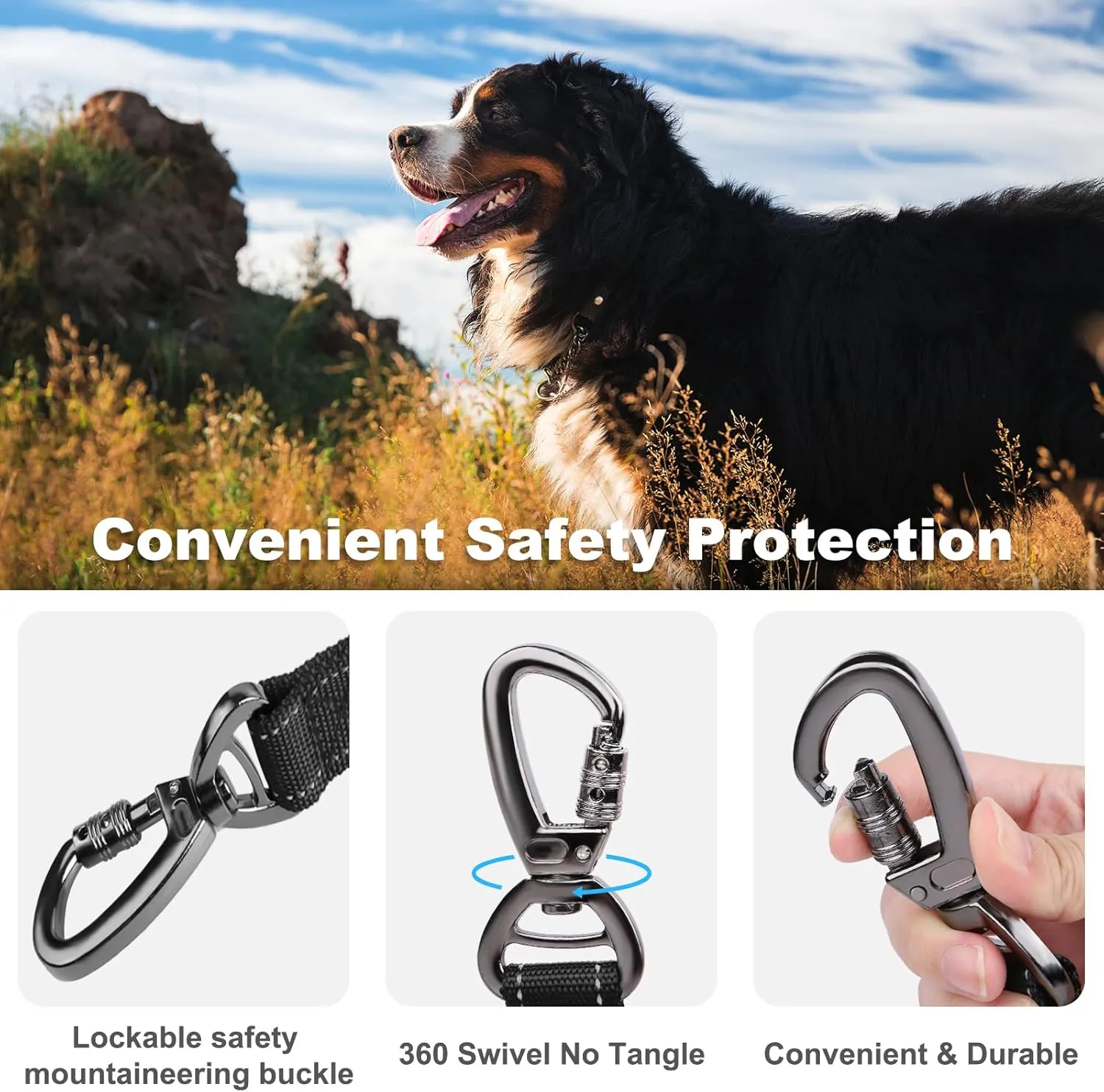 Heavy Duty Dog Leash, Laqibak Double-Sided Reflective Double Handle Dog Leash - Double-Layer Thickening, Lockable Safety Carabiner Design, 6 FT Perfect for Medium & Large Dogs Joyful Strolls, Black