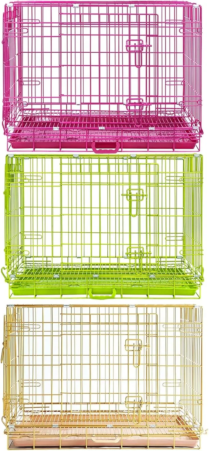 Homey Pet Dog Crates for Medium Dogs, Collapsible Small Dog Cage, Nano-Coating Metal Wire Dog Kennel Indoor with Removable Floor Grid and Tray, Double Doors, GOLD30 PINK30 GREEN30 Bundle