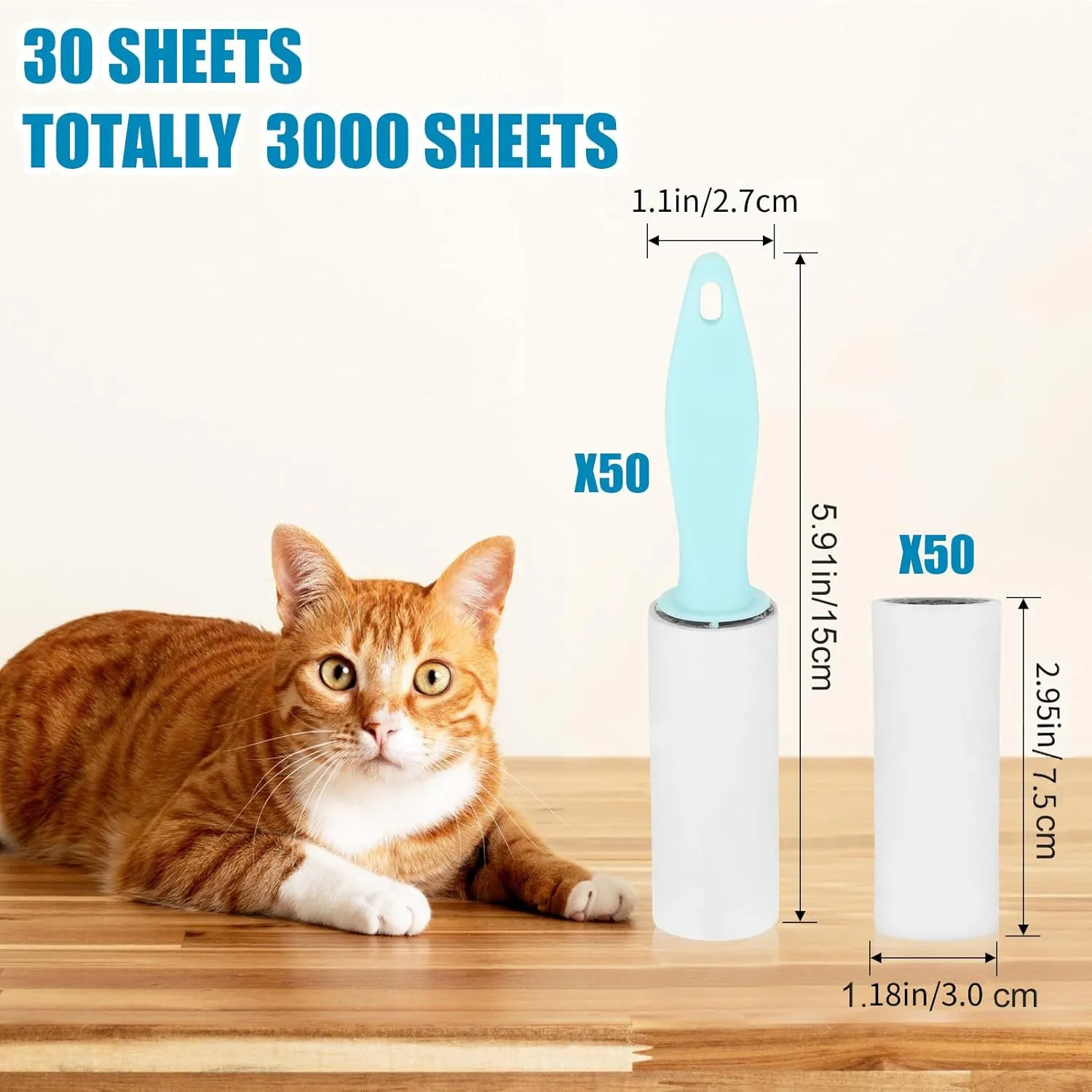 Hushee 50 Pack Mini Lint Rollers 3000 Sheets Travel Size Lint Roller Small Portable Remover for Couch Furniture Clothes Cat Hair Removal 5.9 x 1.1 Inches(Blue)
