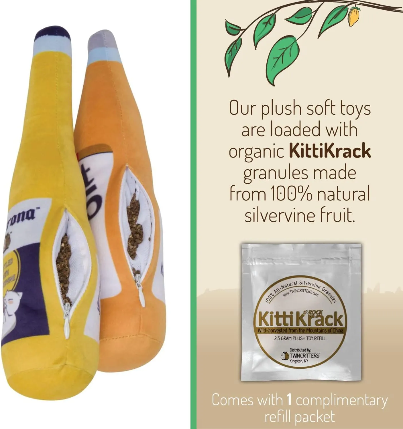 KittiForti 2-Pack Organic Silvervine Catnip Substitute Toys for Cats & Kittens | 100% All-Natural Wild Harvested Silvervine | 2 Refillable Beer Bottle Plush Cat Toys
