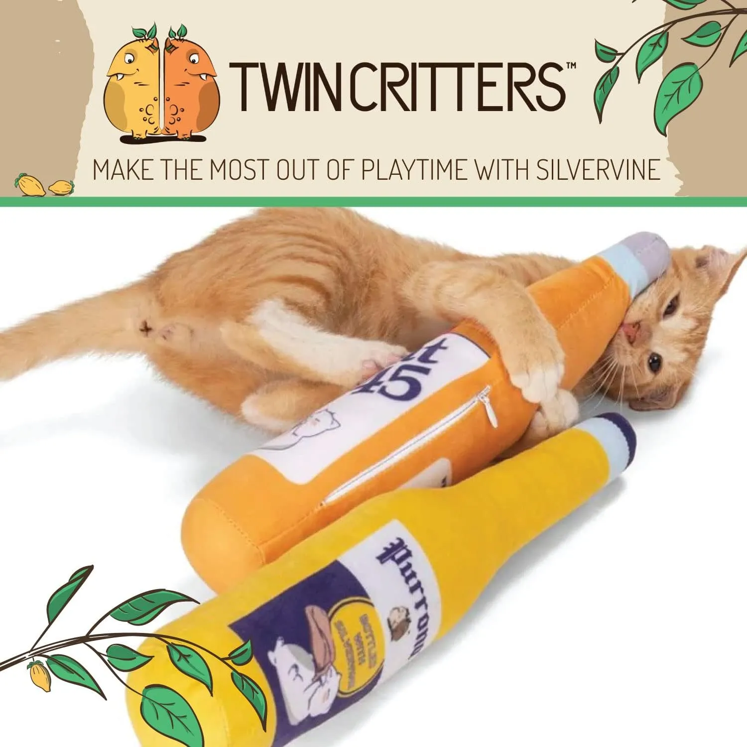 KittiForti 2-Pack Organic Silvervine Catnip Substitute Toys for Cats & Kittens | 100% All-Natural Wild Harvested Silvervine | 2 Refillable Beer Bottle Plush Cat Toys