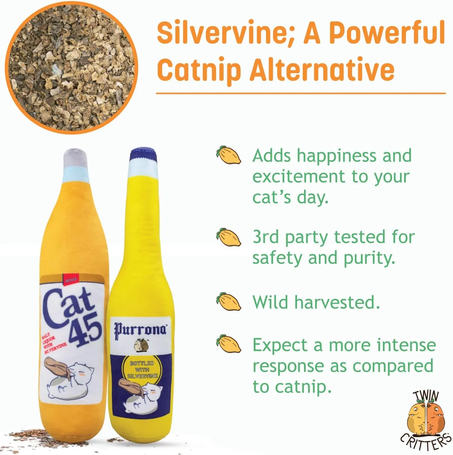 KittiForti 2-Pack Organic Silvervine Catnip Substitute Toys for Cats & Kittens | 100% All-Natural Wild Harvested Silvervine | 2 Refillable Beer Bottle Plush Cat Toys