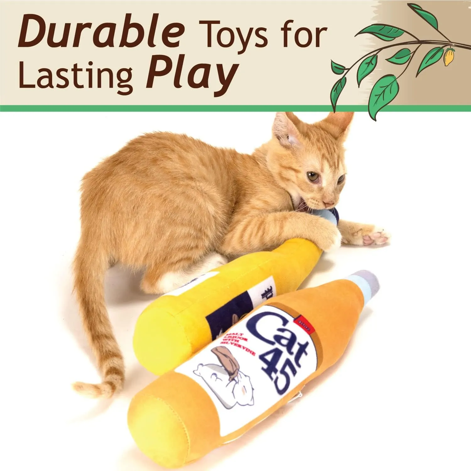 KittiForti 2-Pack Organic Silvervine Catnip Substitute Toys for Cats & Kittens | 100% All-Natural Wild Harvested Silvervine | 2 Refillable Beer Bottle Plush Cat Toys
