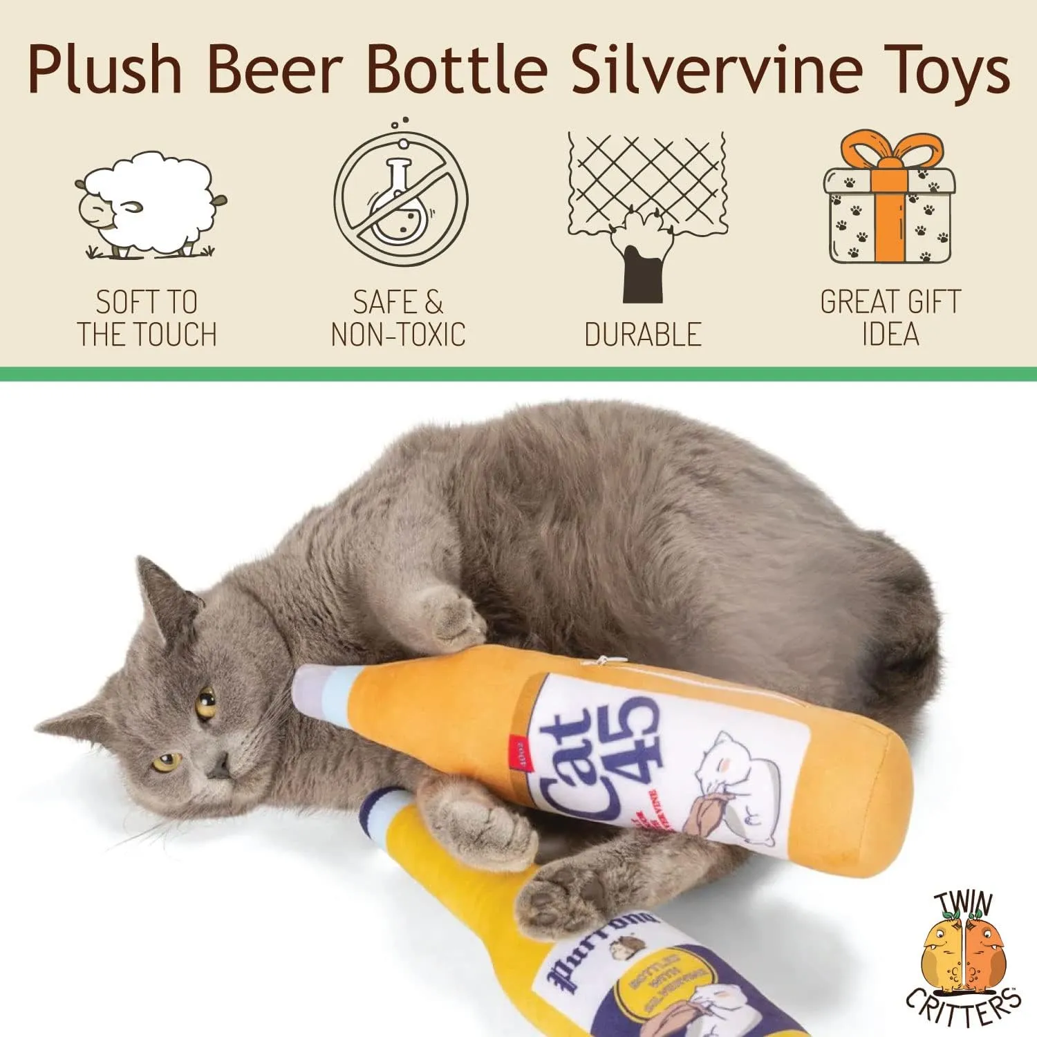 KittiForti 2-Pack Organic Silvervine Catnip Substitute Toys for Cats & Kittens | 100% All-Natural Wild Harvested Silvervine | 2 Refillable Beer Bottle Plush Cat Toys