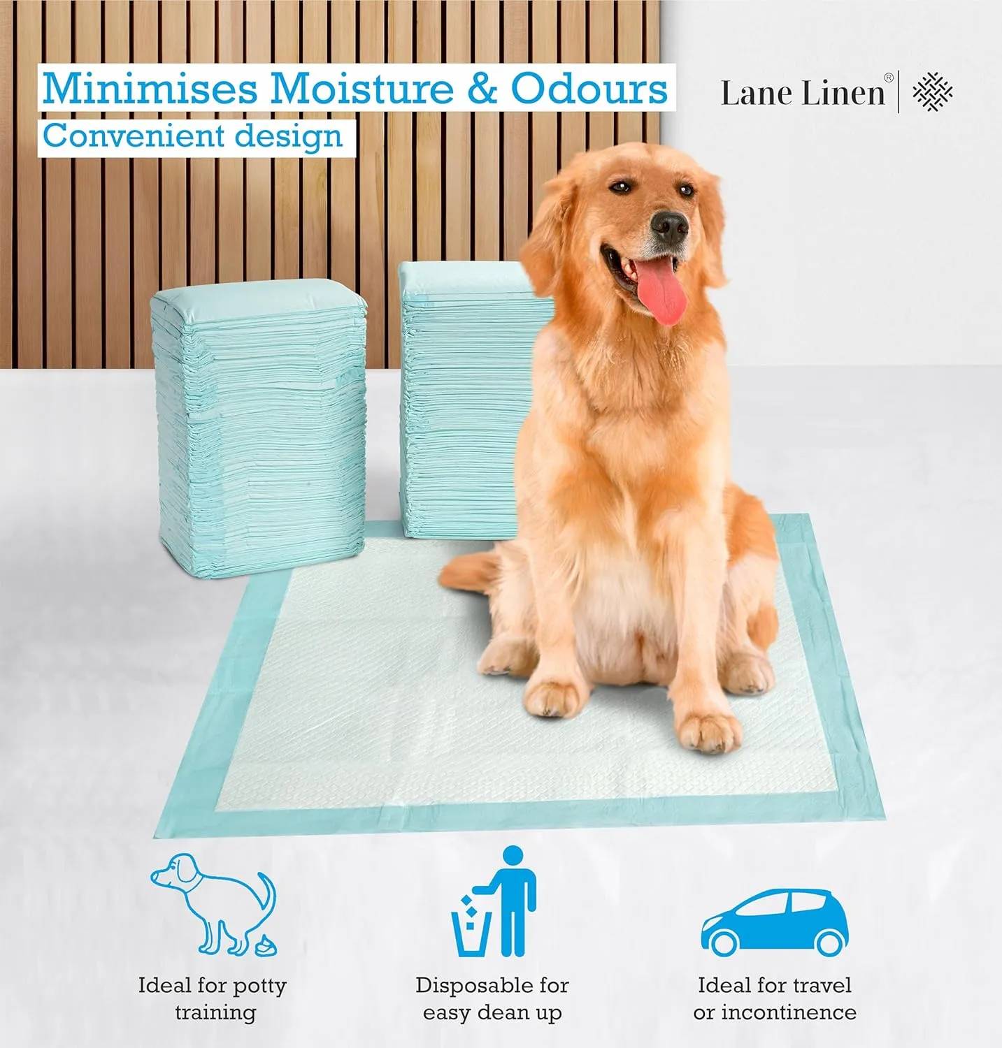 Lane Linen Dog Pee Pads with Leak-Proof Quick-Dry Design for Potty Training, Disposable Potty Pads, Standard Absorbency, Dog Training Pads, Regular Size, 22 x 22 Inches - Pack of 100