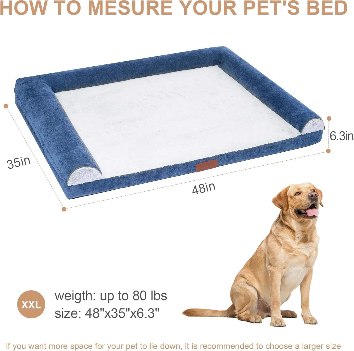 Large Dog Bed for Medium and Large Dogs Waterproof Memory Foam Orthopedic Dog Bed Durable Sofa Pet Bed Removable Cover with Zipper and Bolster Nonslip BottomNBlue XXL