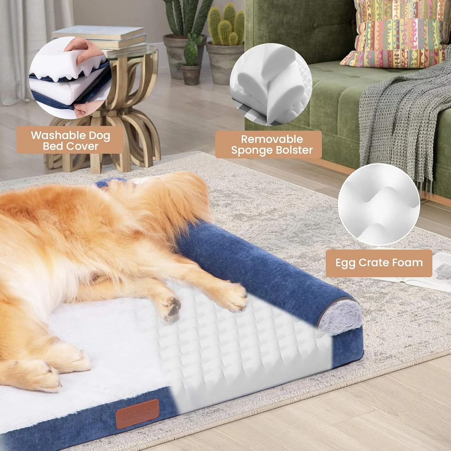 Large Dog Bed for Medium and Large Dogs Waterproof Memory Foam Orthopedic Dog Bed Durable Sofa Pet Bed Removable Cover with Zipper and Bolster Nonslip BottomNBlue XXL