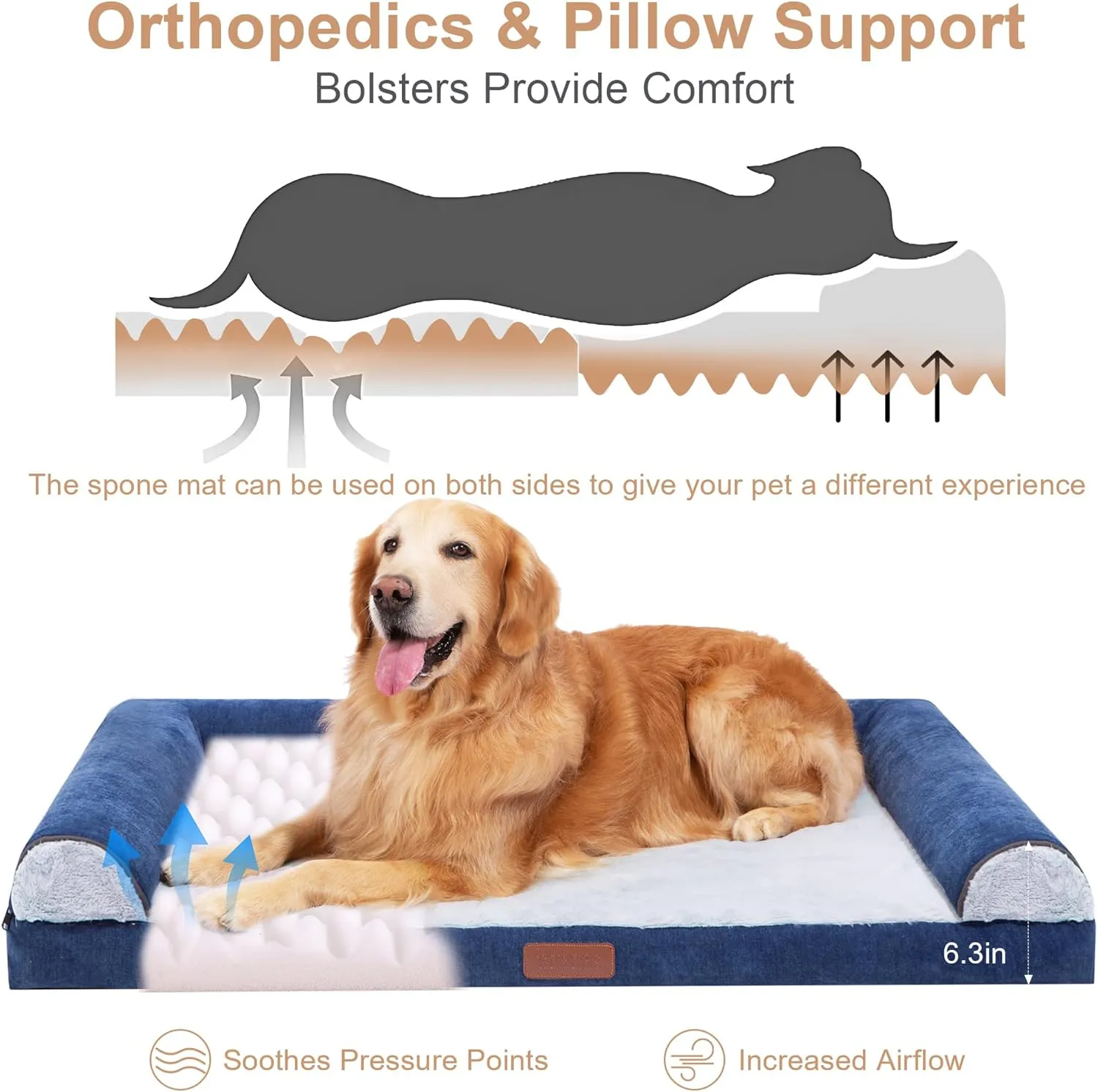 Large Dog Bed for Medium and Large Dogs Waterproof Memory Foam Orthopedic Dog Bed Durable Sofa Pet Bed Removable Cover with Zipper and Bolster Nonslip BottomNBlue XXL