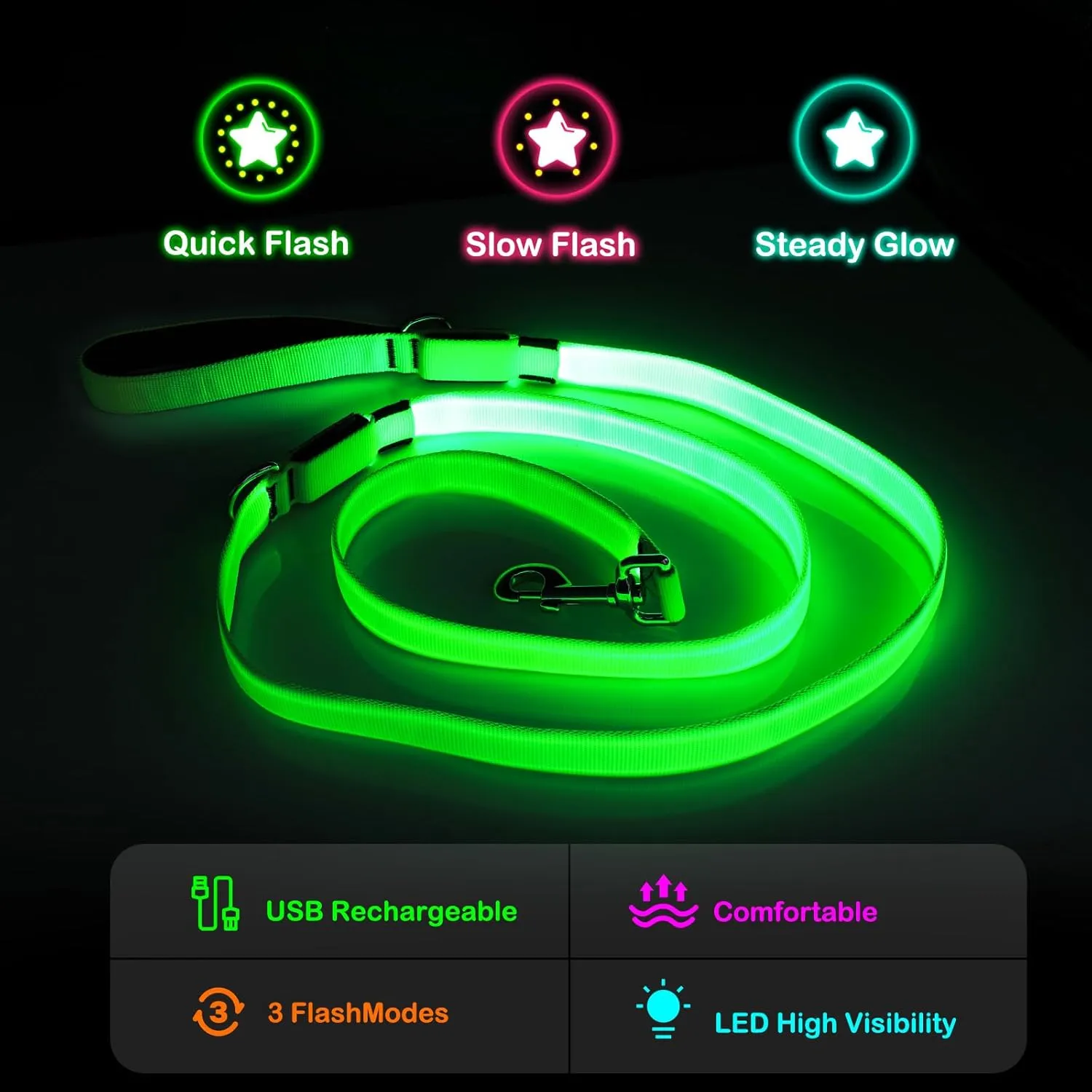 Light Up Dog Leash, 6 Ft LED Leashes Rechargeable, Nylon Reflective Lead with Padded Handle for Night Walking, Safety Glow Lights for Large Medium Small Dogs(Green, 6 Ft)