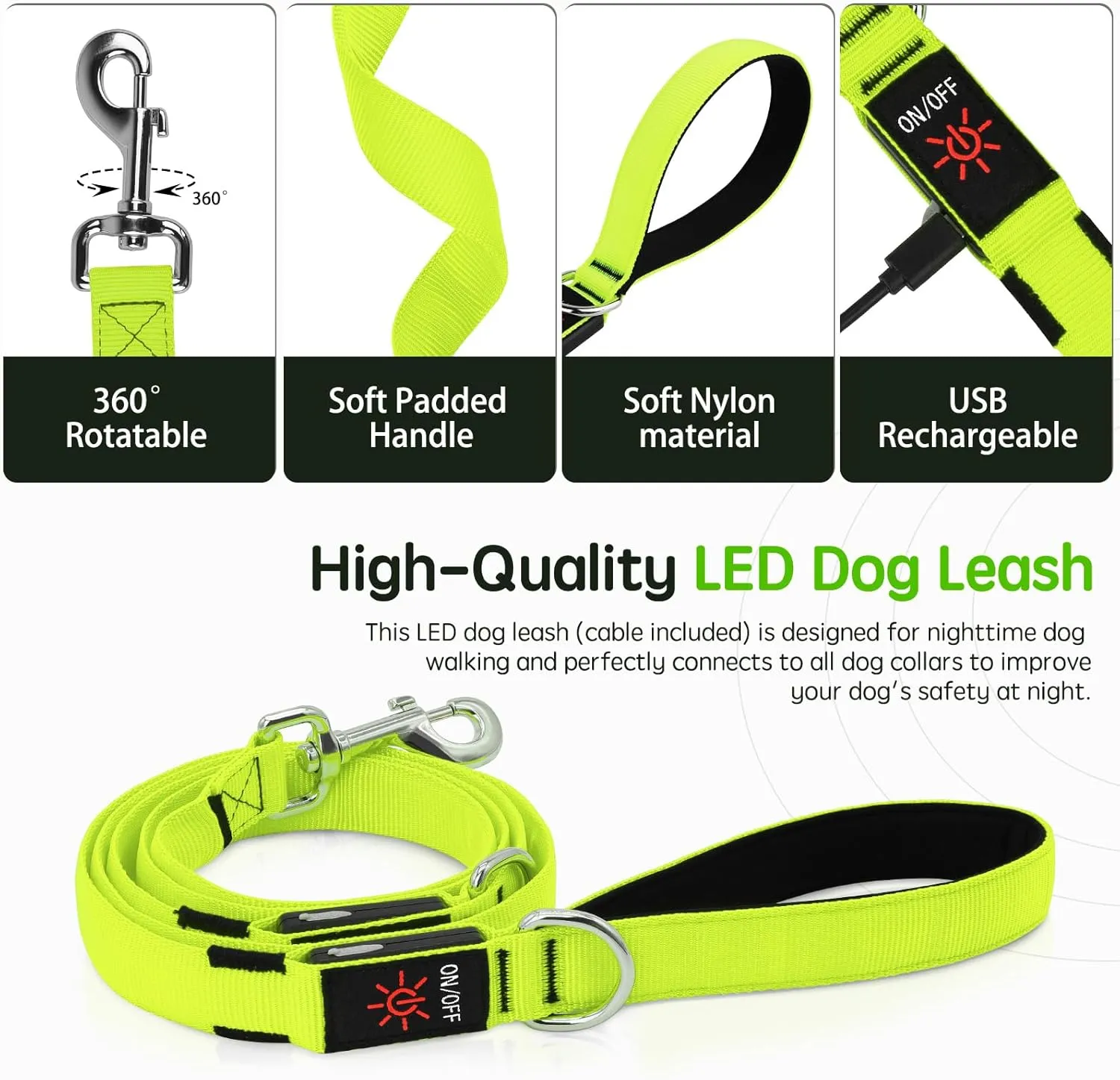 Light Up Dog Leash, 6 Ft LED Leashes Rechargeable, Nylon Reflective Lead with Padded Handle for Night Walking, Safety Glow Lights for Large Medium Small Dogs(Green, 6 Ft)