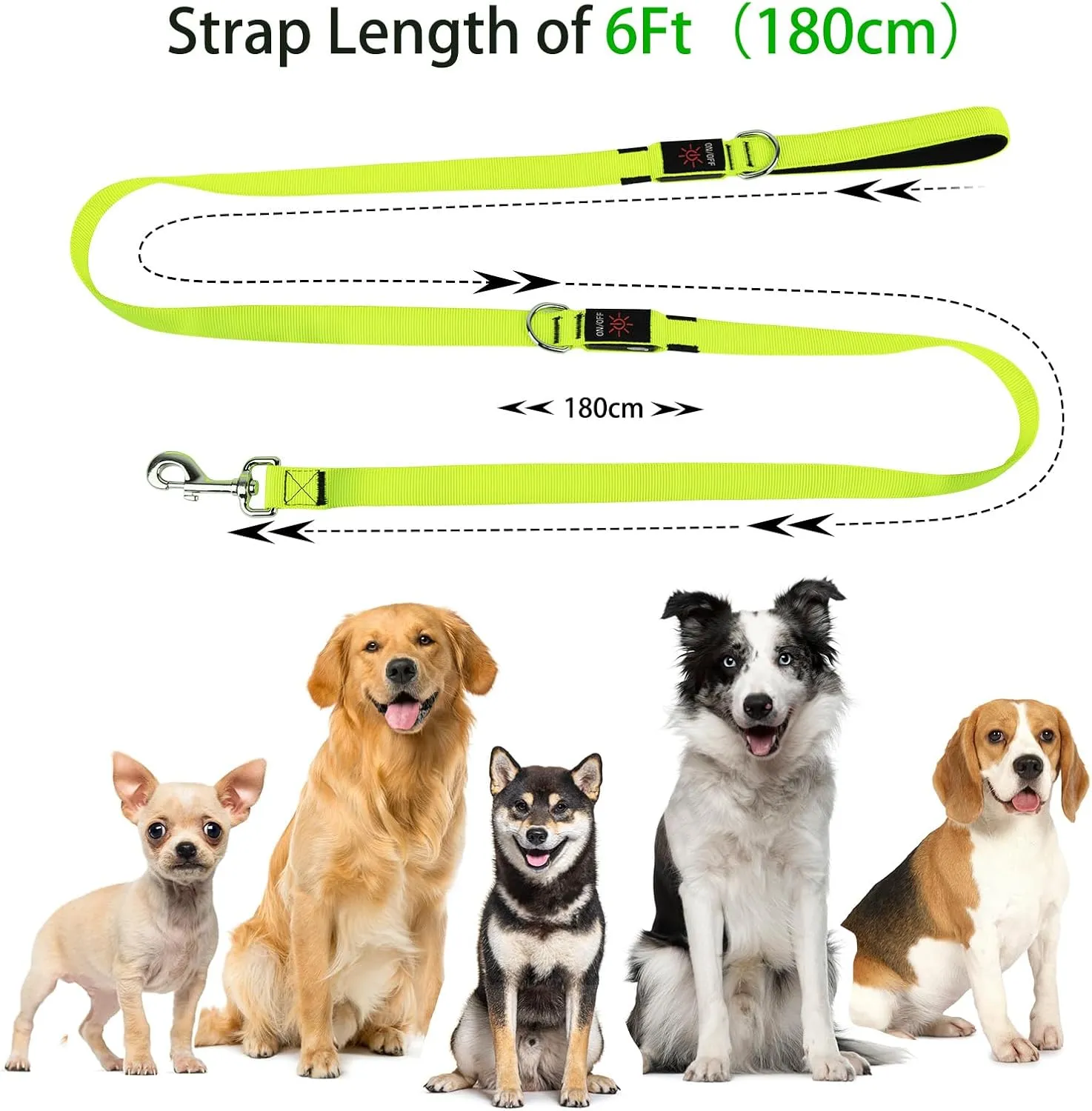 Light Up Dog Leash, 6 Ft LED Leashes Rechargeable, Nylon Reflective Lead with Padded Handle for Night Walking, Safety Glow Lights for Large Medium Small Dogs(Green, 6 Ft)