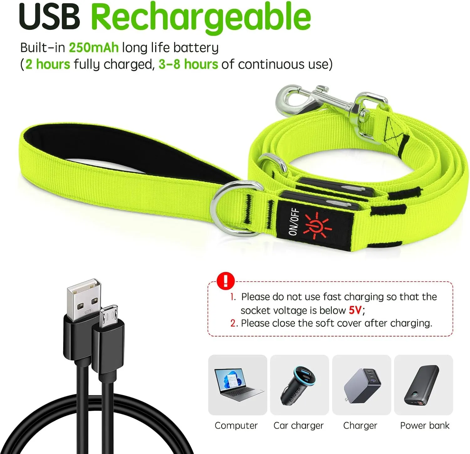 Light Up Dog Leash, 6 Ft LED Leashes Rechargeable, Nylon Reflective Lead with Padded Handle for Night Walking, Safety Glow Lights for Large Medium Small Dogs(Green, 6 Ft)