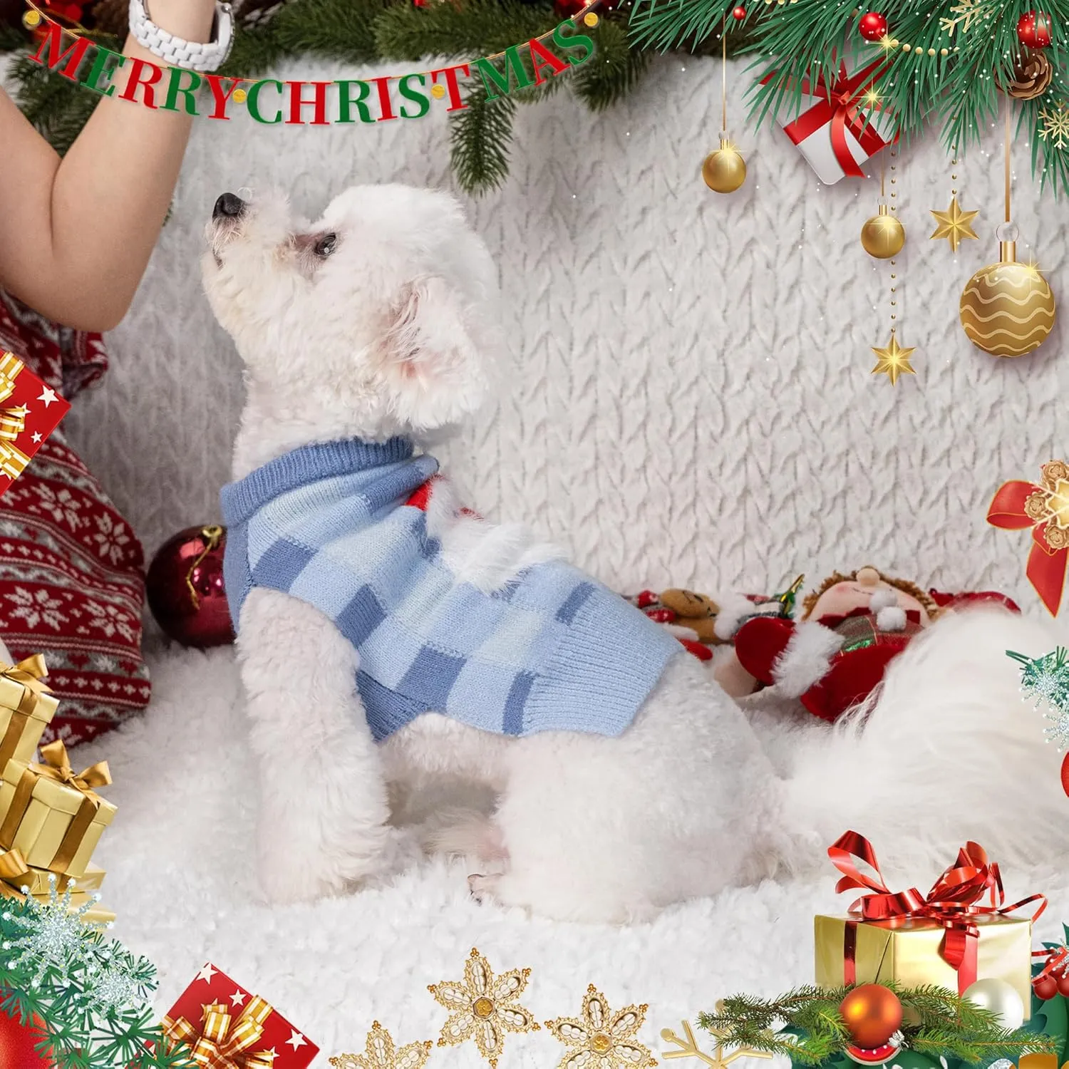 LUBOT New Ugly Christmas Sweaters for Puppy Cute Funny Wintertime and Holiday Parties Knitted Pullover Sweater Small Dog Lattice Santa Blue Small