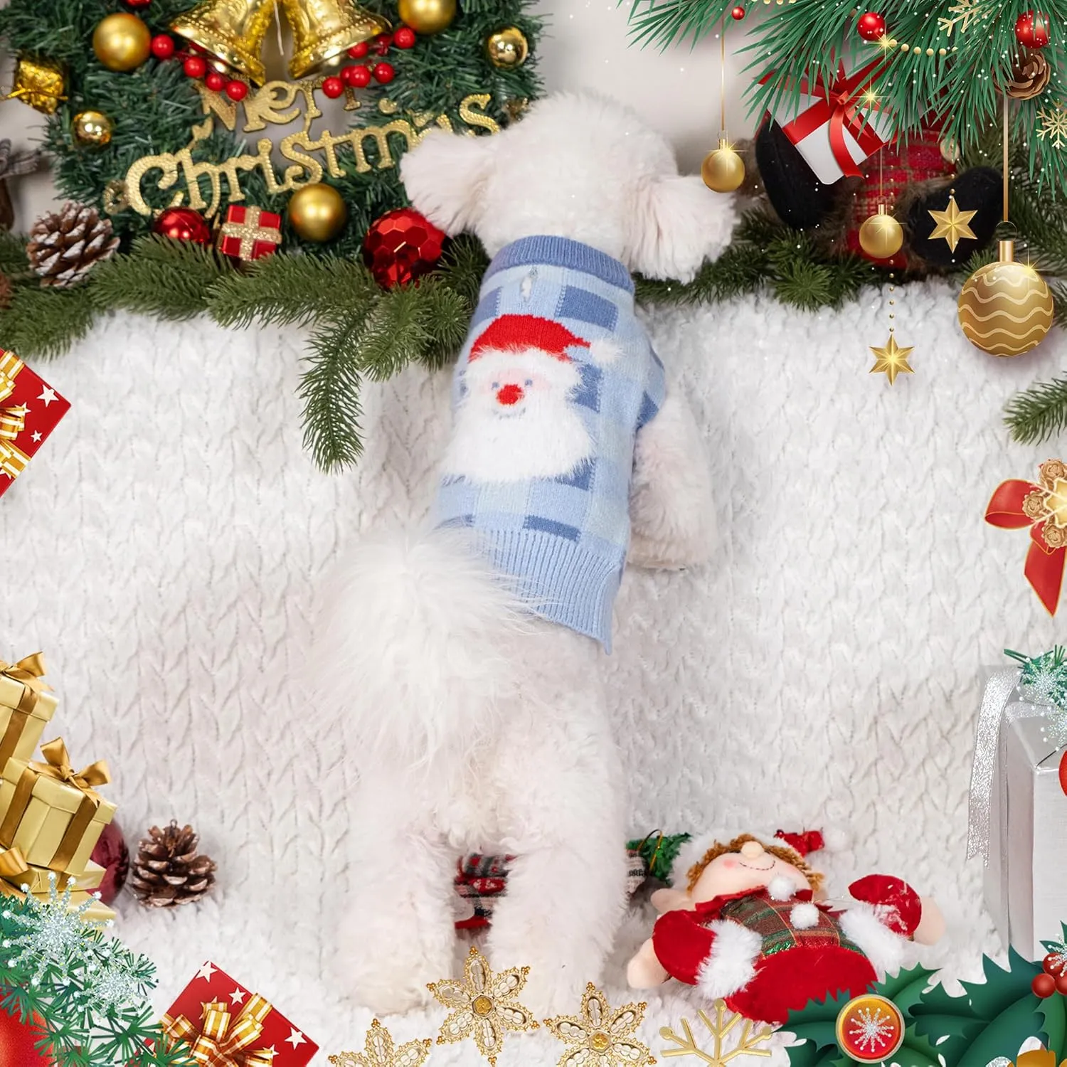 LUBOT New Ugly Christmas Sweaters for Puppy Cute Funny Wintertime and Holiday Parties Knitted Pullover Sweater Small Dog Lattice Santa Blue Small