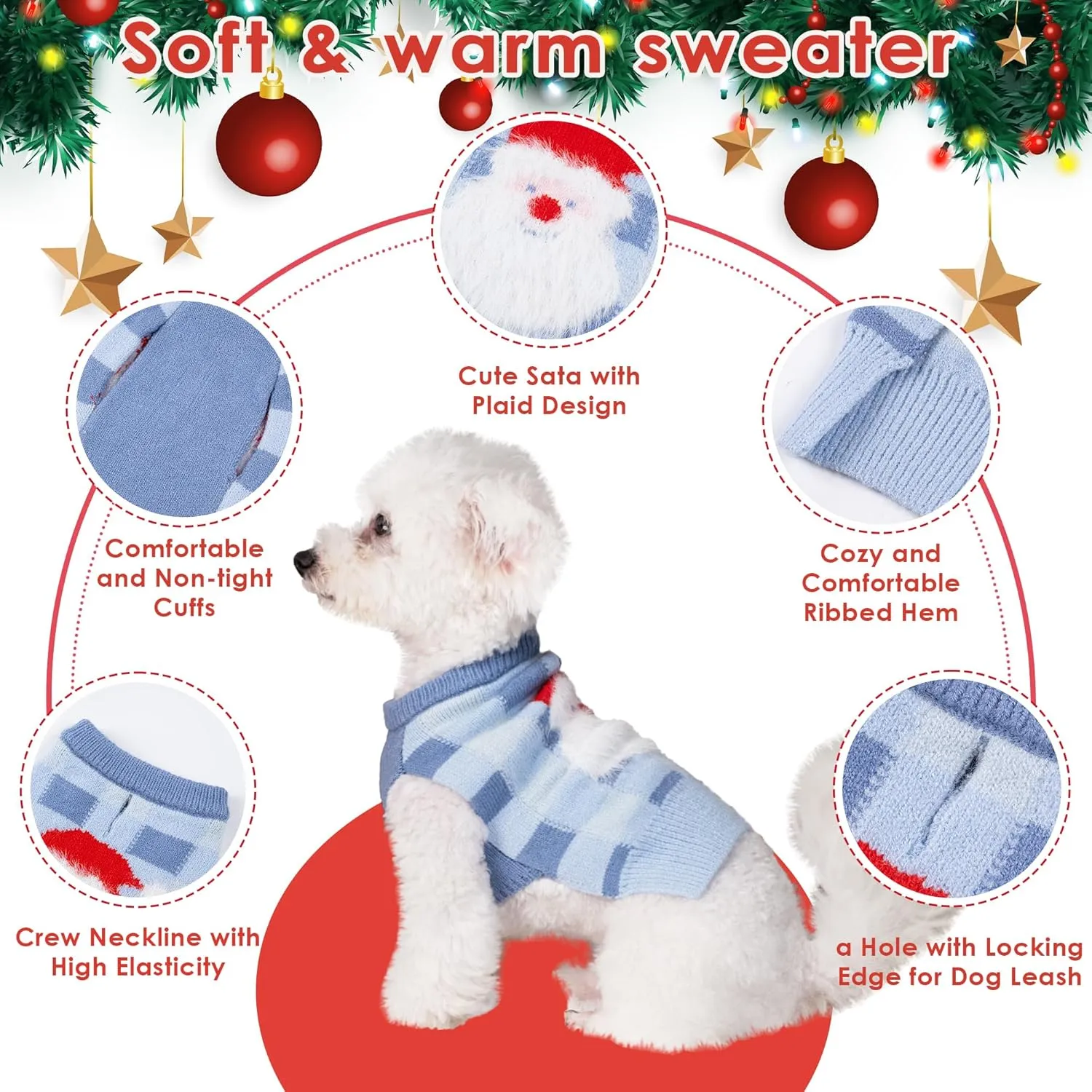 LUBOT New Ugly Christmas Sweaters for Puppy Cute Funny Wintertime and Holiday Parties Knitted Pullover Sweater Small Dog Lattice Santa Blue Small