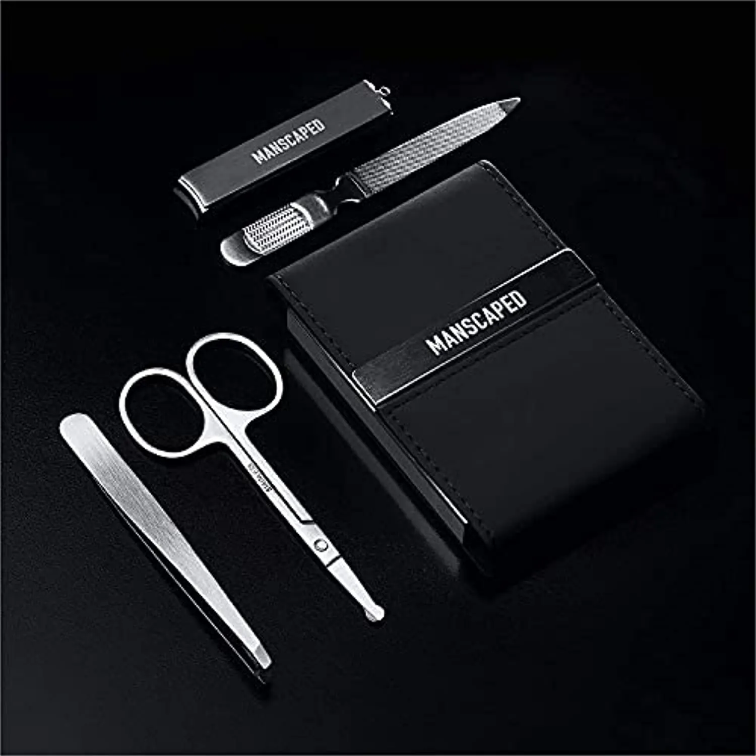MANSCAPED Shears 2.0 Tempered Stainless Steel Men's Nail Kit, Fingernail Clippers, Safety Scissors, Tweezers and Nail File, Travel Manicure Pedicure Set, 4-Piece Luxury Grooming Kit with Compact Case