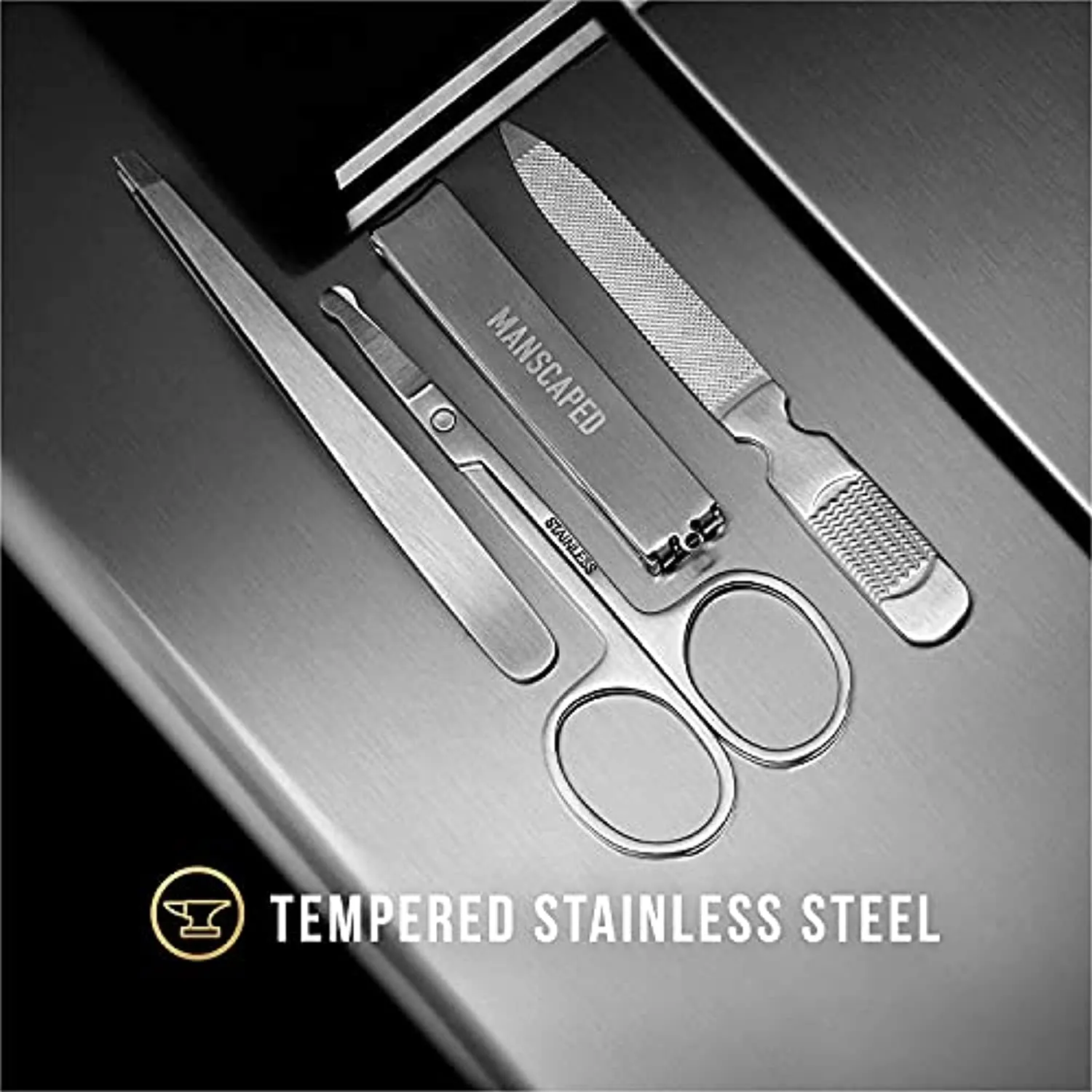 MANSCAPED Shears 2.0 Tempered Stainless Steel Men's Nail Kit, Fingernail Clippers, Safety Scissors, Tweezers and Nail File, Travel Manicure Pedicure Set, 4-Piece Luxury Grooming Kit with Compact Case