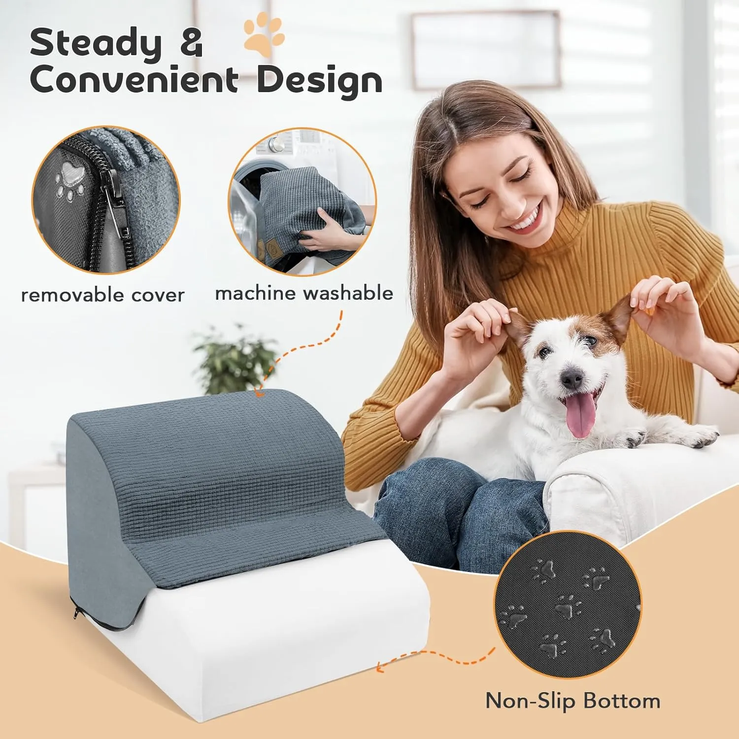 Mestuel Dog Stairs for Small Dogs, 2-Tiers Small Pet Stairs Ramp Steps for Indoor, Foam Dog Stairs Ramp, Pet Stairs Gentle Slope with Nonslip Bottom and Washable Cover, Gray