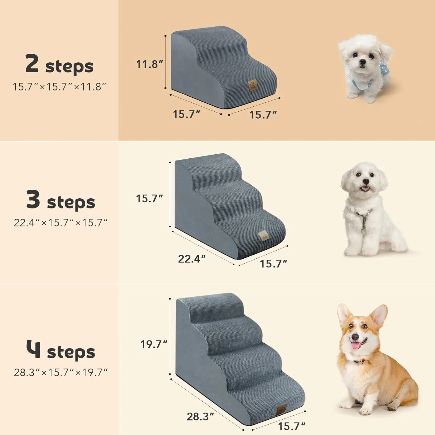 Mestuel Dog Stairs for Small Dogs, 2-Tiers Small Pet Stairs Ramp Steps for Indoor, Foam Dog Stairs Ramp, Pet Stairs Gentle Slope with Nonslip Bottom and Washable Cover, Gray
