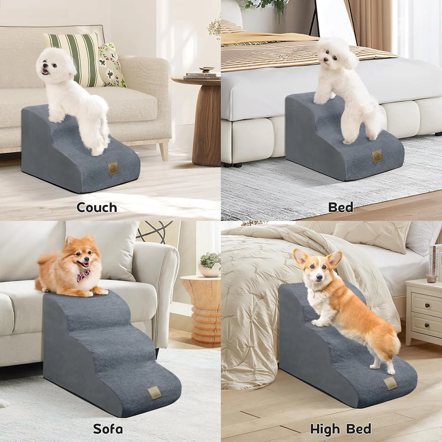Mestuel Dog Stairs for Small Dogs, 2-Tiers Small Pet Stairs Ramp Steps for Indoor, Foam Dog Stairs Ramp, Pet Stairs Gentle Slope with Nonslip Bottom and Washable Cover, Gray