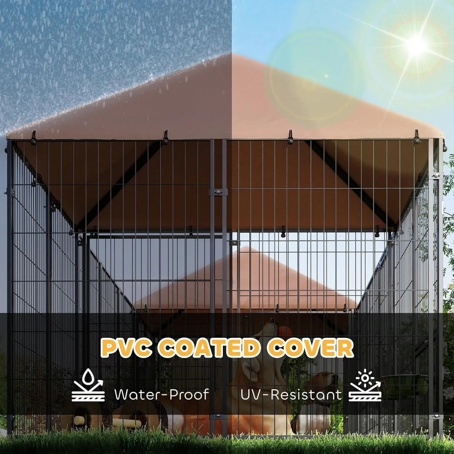 PawHut Dog Kennel Outside with 2 Rooms, Large Outdoor Dog Kennel Run with Rotating & Adjustable Height Bowls, Waterproof & UV-Resistant Canopy, Welded Wire Pet Enclosure Playpen, 16.2' x 4.7' x 5.1'