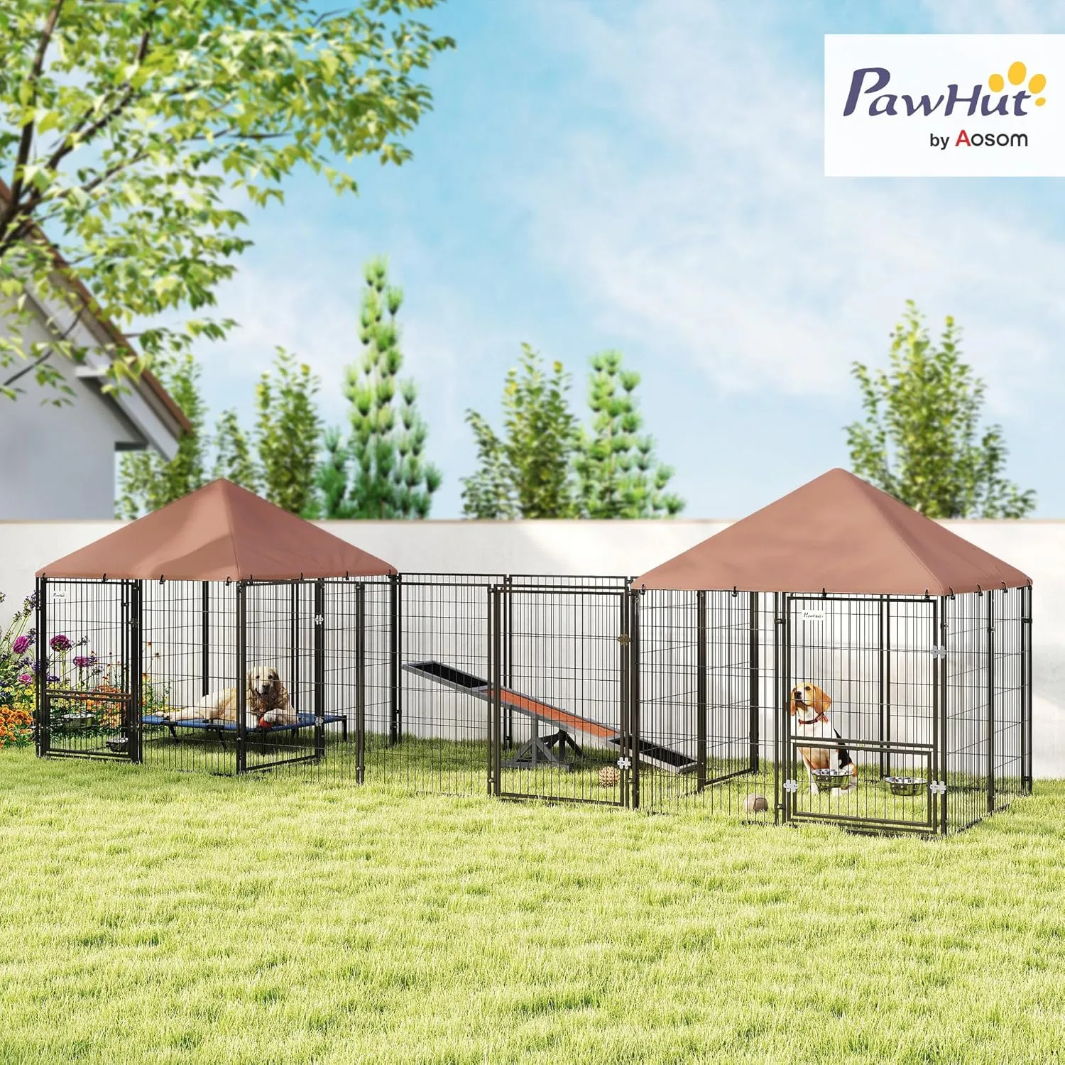 PawHut Dog Kennel Outside with 2 Rooms, Large Outdoor Dog Kennel Run with Rotating & Adjustable Height Bowls, Waterproof & UV-Resistant Canopy, Welded Wire Pet Enclosure Playpen, 16.2' x 4.7' x 5.1'
