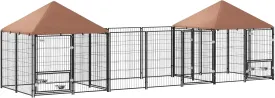 PawHut Dog Kennel Outside with 2 Rooms, Large Outdoor Dog Kennel Run with Rotating & Adjustable Height Bowls, Waterproof & UV-Resistant Canopy, Welded Wire Pet Enclosure Playpen, 16.2' x 4.7' x 5.1'