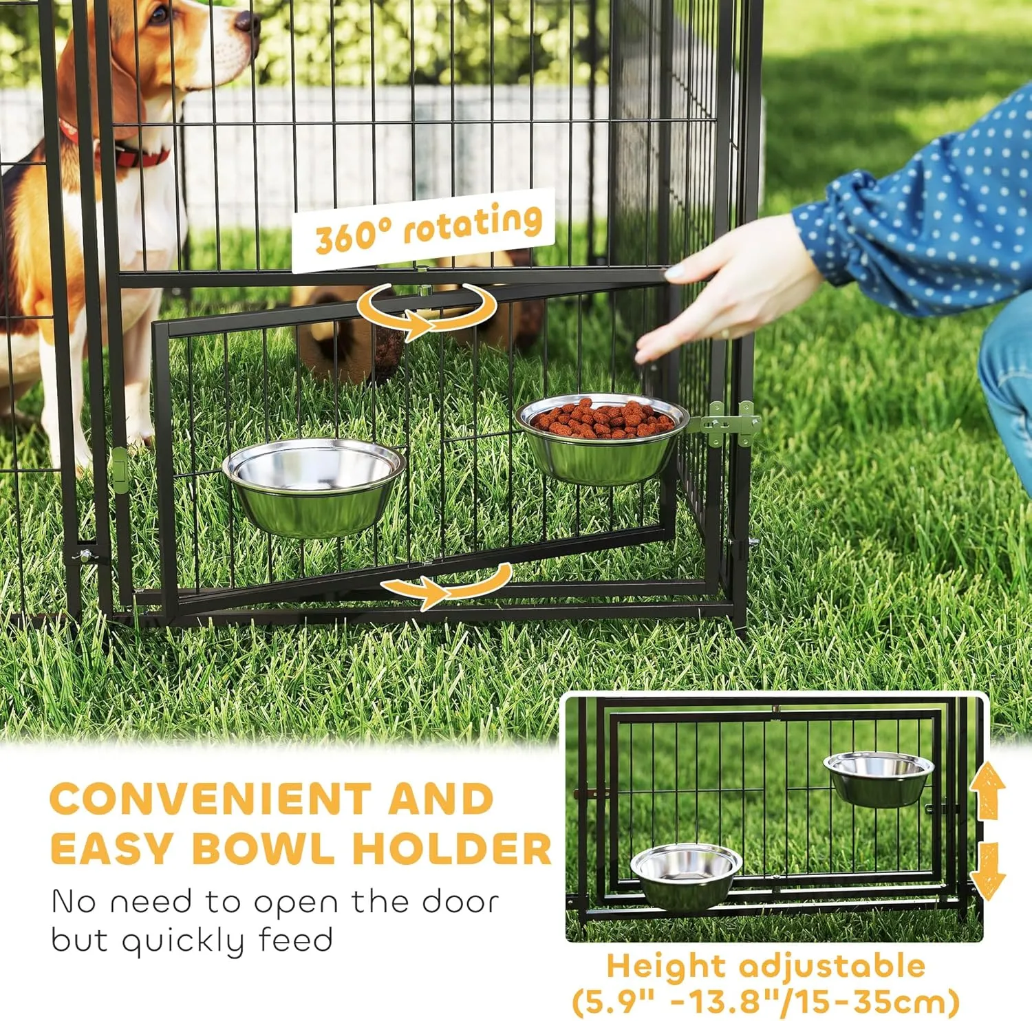 PawHut Dog Kennel Outside with 2 Rooms, Large Outdoor Dog Kennel Run with Rotating & Adjustable Height Bowls, Waterproof & UV-Resistant Canopy, Welded Wire Pet Enclosure Playpen, 16.2' x 4.7' x 5.1'