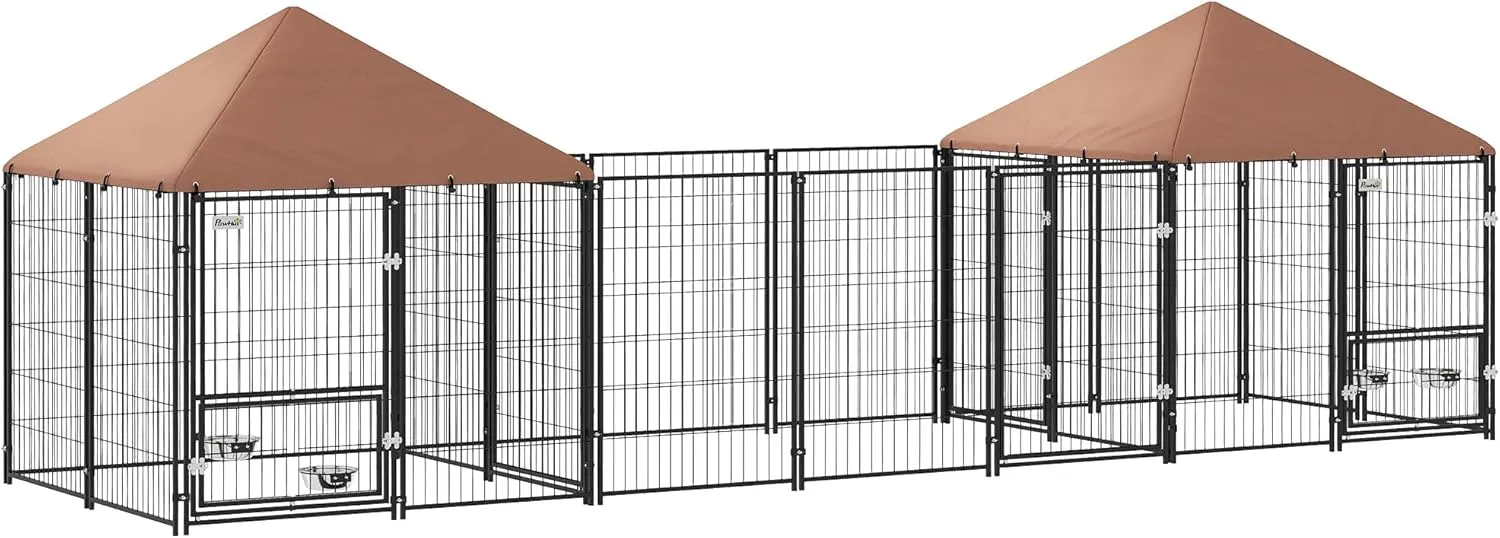 PawHut Dog Kennel Outside with 2 Rooms, Large Outdoor Dog Kennel Run with Rotating & Adjustable Height Bowls, Waterproof & UV-Resistant Canopy, Welded Wire Pet Enclosure Playpen, 16.2' x 4.7' x 5.1'