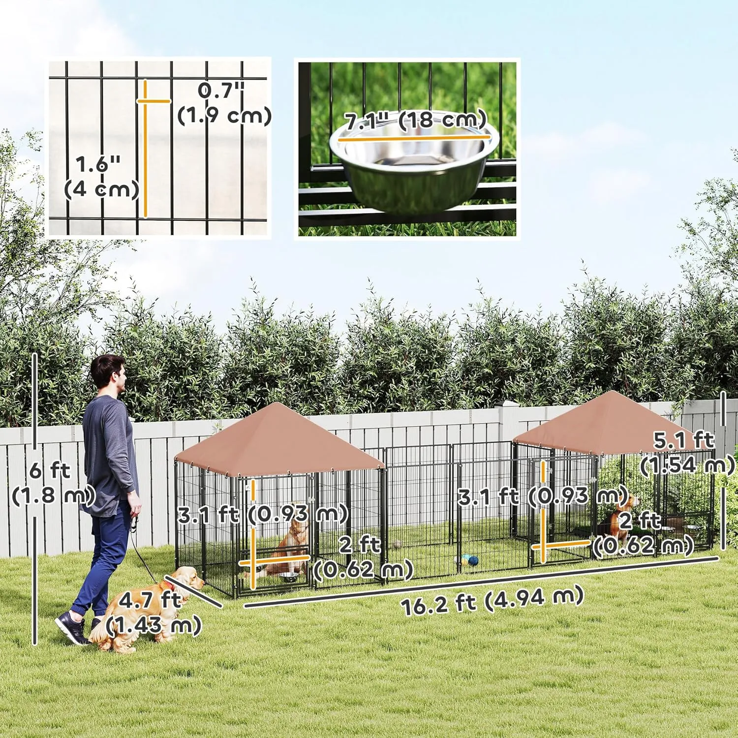PawHut Dog Kennel Outside with 2 Rooms, Large Outdoor Dog Kennel Run with Rotating & Adjustable Height Bowls, Waterproof & UV-Resistant Canopy, Welded Wire Pet Enclosure Playpen, 16.2' x 4.7' x 5.1'