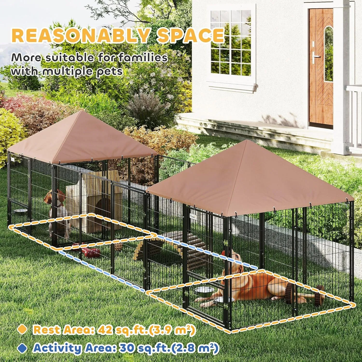 PawHut Dog Kennel Outside with 2 Rooms, Large Outdoor Dog Kennel Run with Rotating & Adjustable Height Bowls, Waterproof & UV-Resistant Canopy, Welded Wire Pet Enclosure Playpen, 16.2' x 4.7' x 5.1'