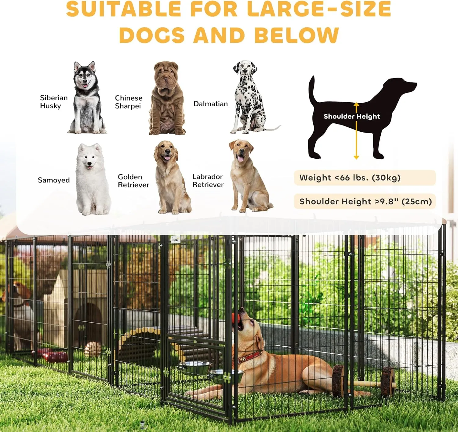 PawHut Dog Kennel Outside with 2 Rooms, Large Outdoor Dog Kennel Run with Rotating & Adjustable Height Bowls, Waterproof & UV-Resistant Canopy, Welded Wire Pet Enclosure Playpen, 16.2' x 4.7' x 5.1'