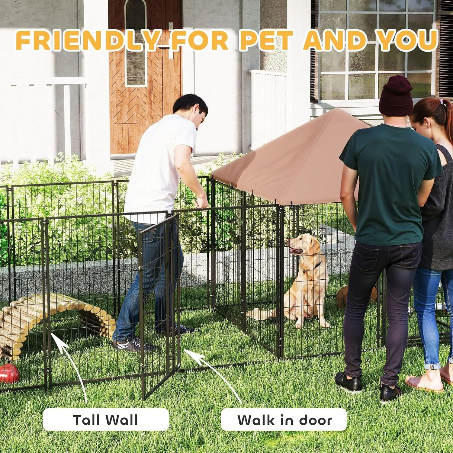 PawHut Dog Kennel Outside with 2 Rooms, Large Outdoor Dog Kennel Run with Rotating & Adjustable Height Bowls, Waterproof & UV-Resistant Canopy, Welded Wire Pet Enclosure Playpen, 16.2' x 4.7' x 5.1'