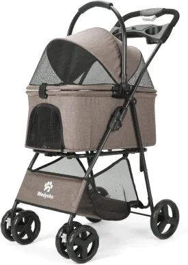 Pet Stroller, 4 Wheels Pet Strolling Cart for Medium/Small Dogs and Cats, Foldable Cat Jogger/Dog Stroller with Cup Holder, Storage Basket, Breathable Mesh, All-Season Pet Carrier (Coffee)