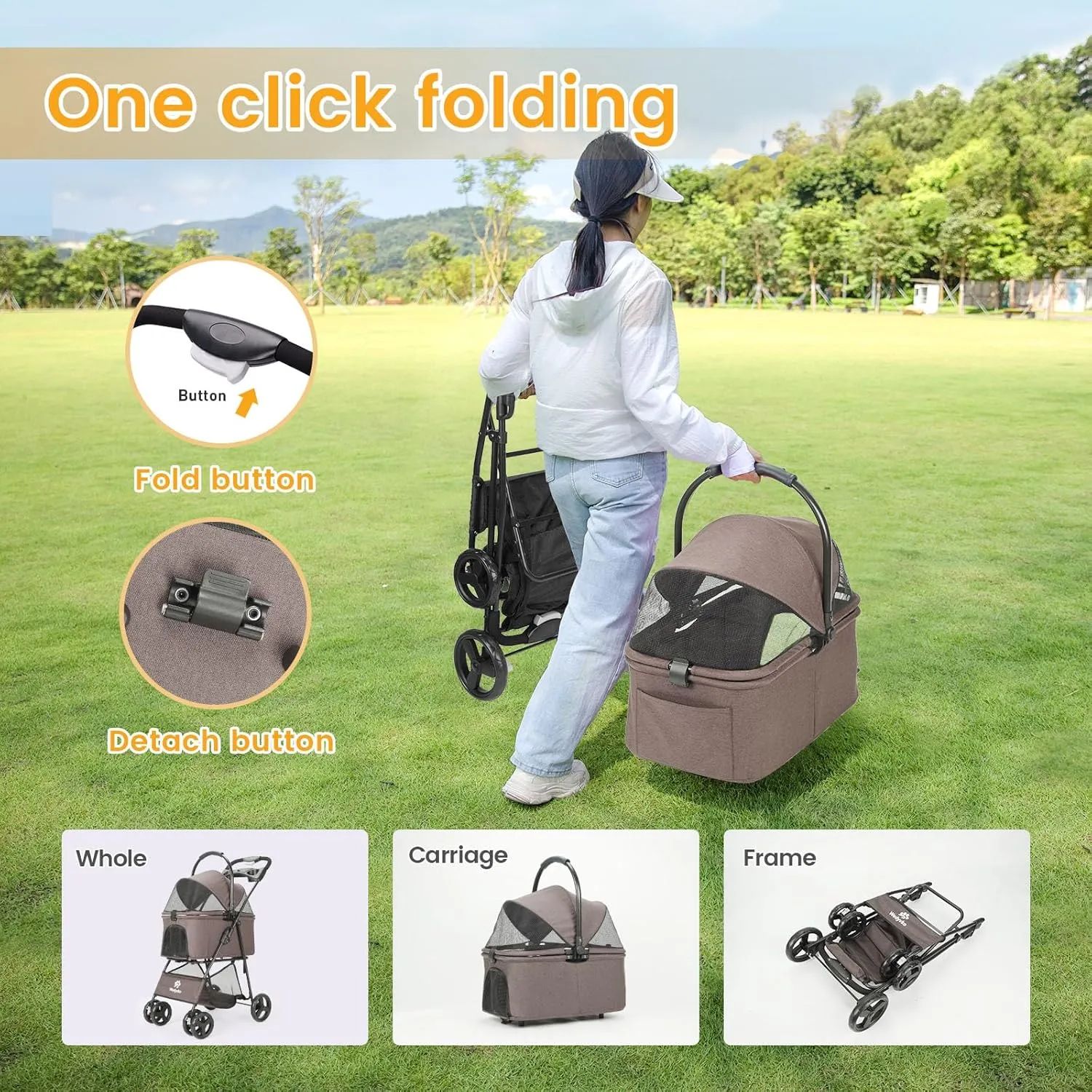 Pet Stroller, 4 Wheels Pet Strolling Cart for Medium/Small Dogs and Cats, Foldable Cat Jogger/Dog Stroller with Cup Holder, Storage Basket, Breathable Mesh, All-Season Pet Carrier (Coffee)