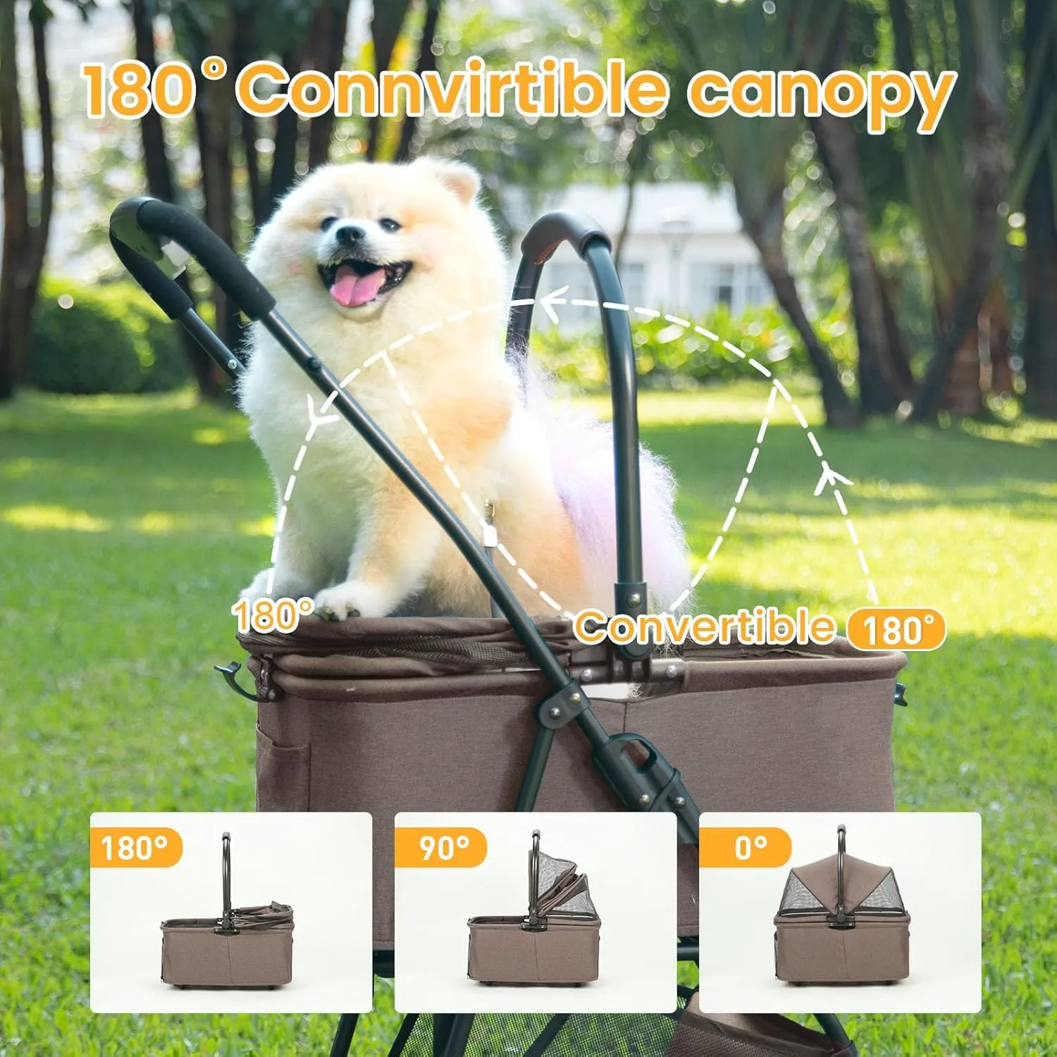 Pet Stroller, 4 Wheels Pet Strolling Cart for Medium/Small Dogs and Cats, Foldable Cat Jogger/Dog Stroller with Cup Holder, Storage Basket, Breathable Mesh, All-Season Pet Carrier (Coffee)