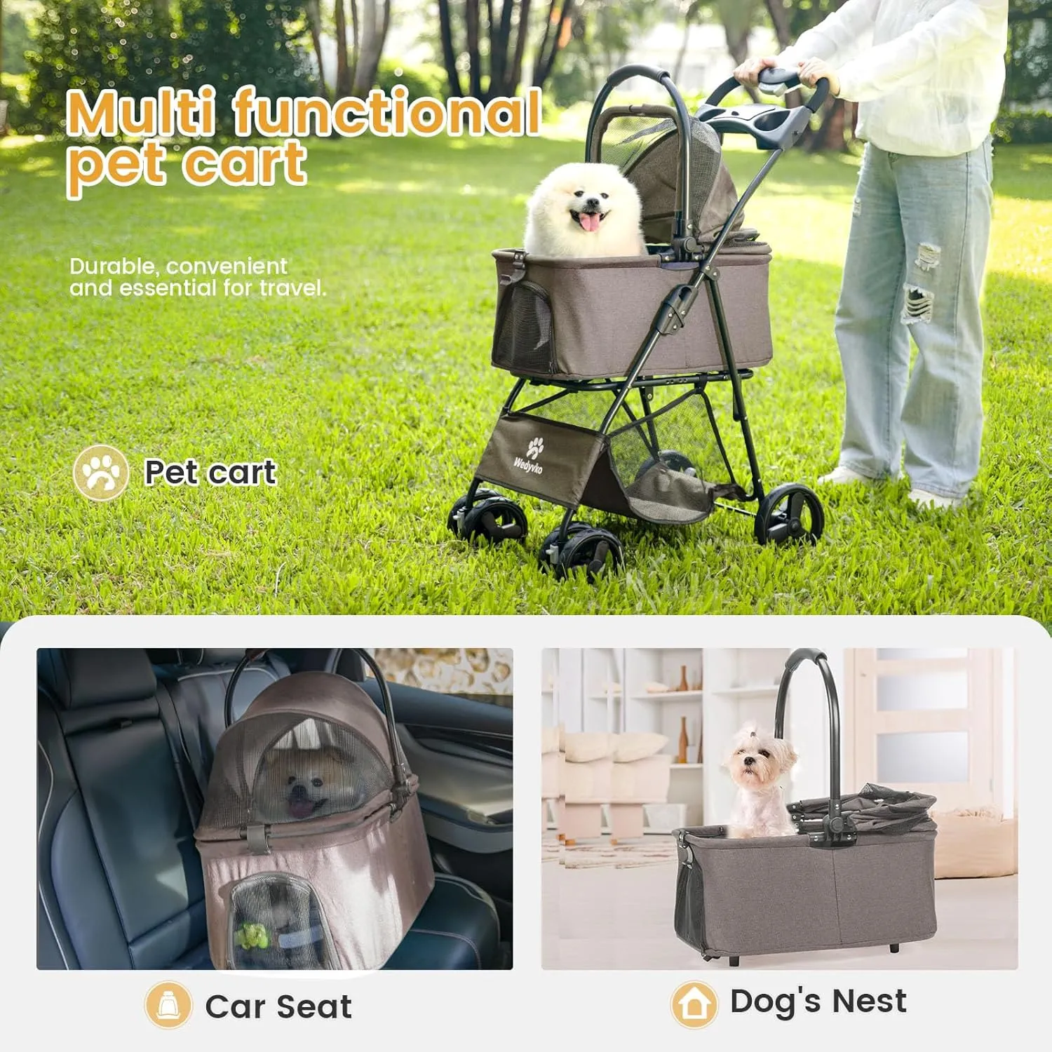 Pet Stroller, 4 Wheels Pet Strolling Cart for Medium/Small Dogs and Cats, Foldable Cat Jogger/Dog Stroller with Cup Holder, Storage Basket, Breathable Mesh, All-Season Pet Carrier (Coffee)