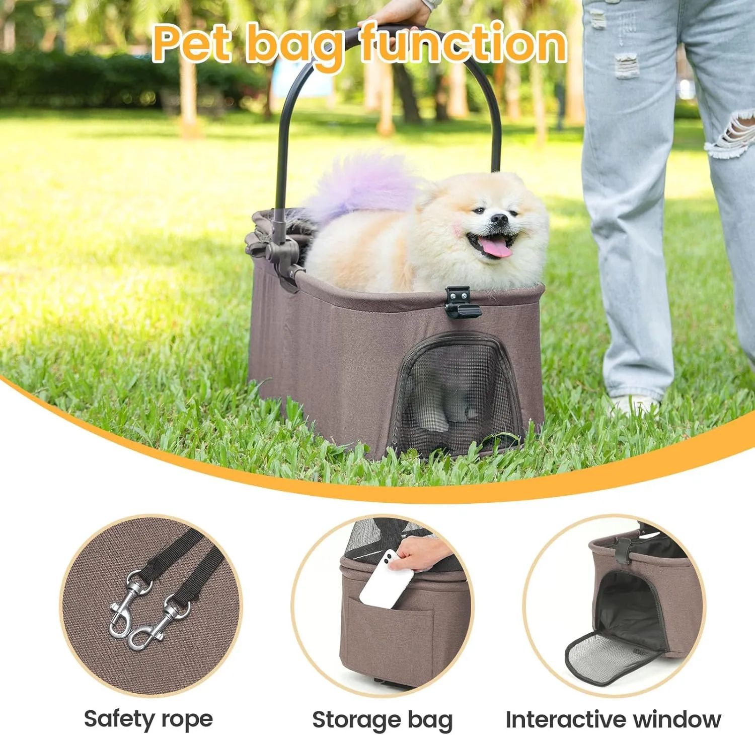 Pet Stroller, 4 Wheels Pet Strolling Cart for Medium/Small Dogs and Cats, Foldable Cat Jogger/Dog Stroller with Cup Holder, Storage Basket, Breathable Mesh, All-Season Pet Carrier (Coffee)