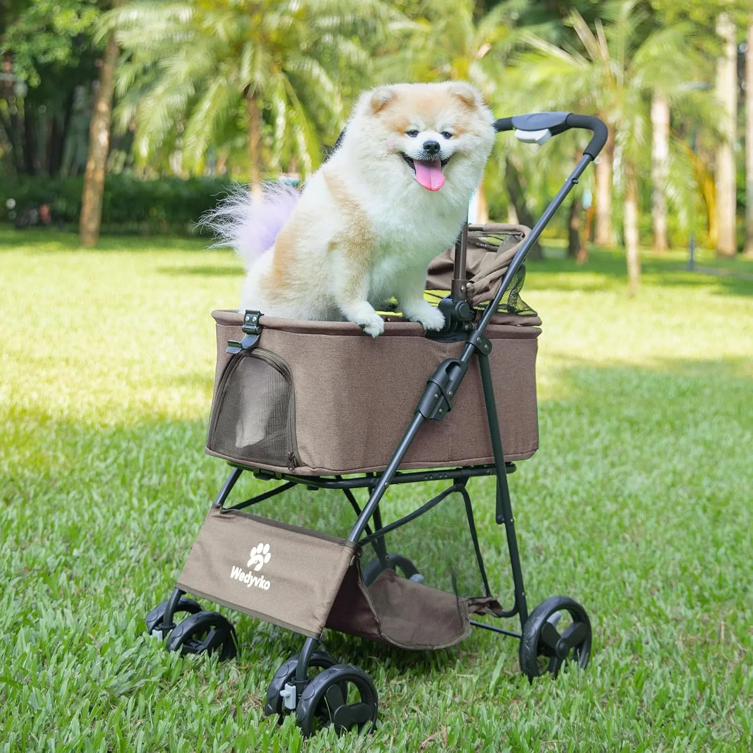 Pet Stroller, 4 Wheels Pet Strolling Cart for Medium/Small Dogs and Cats, Foldable Cat Jogger/Dog Stroller with Cup Holder, Storage Basket, Breathable Mesh, All-Season Pet Carrier (Coffee)