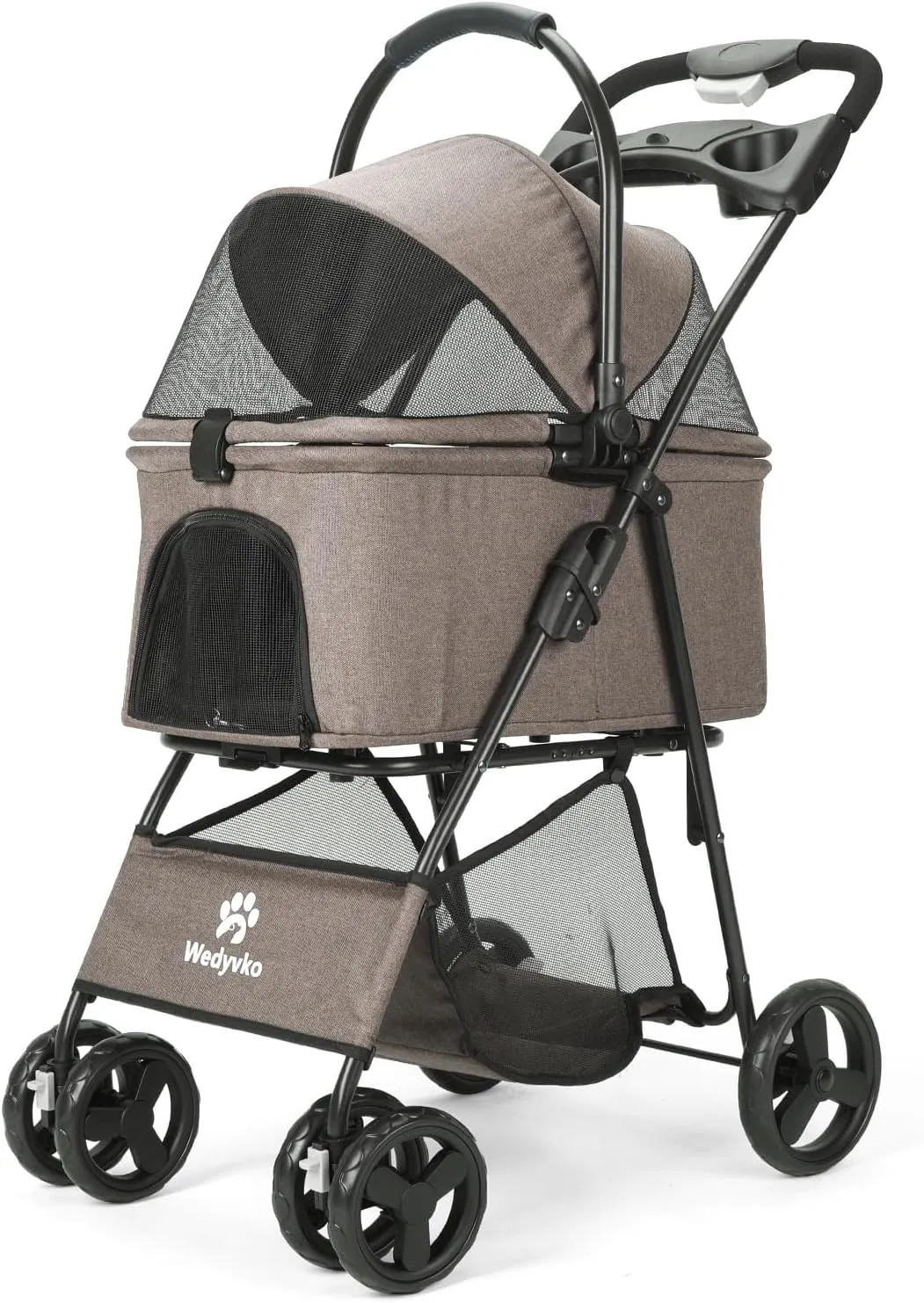 Pet Stroller, 4 Wheels Pet Strolling Cart for Medium/Small Dogs and Cats, Foldable Cat Jogger/Dog Stroller with Cup Holder, Storage Basket, Breathable Mesh, All-Season Pet Carrier (Coffee)