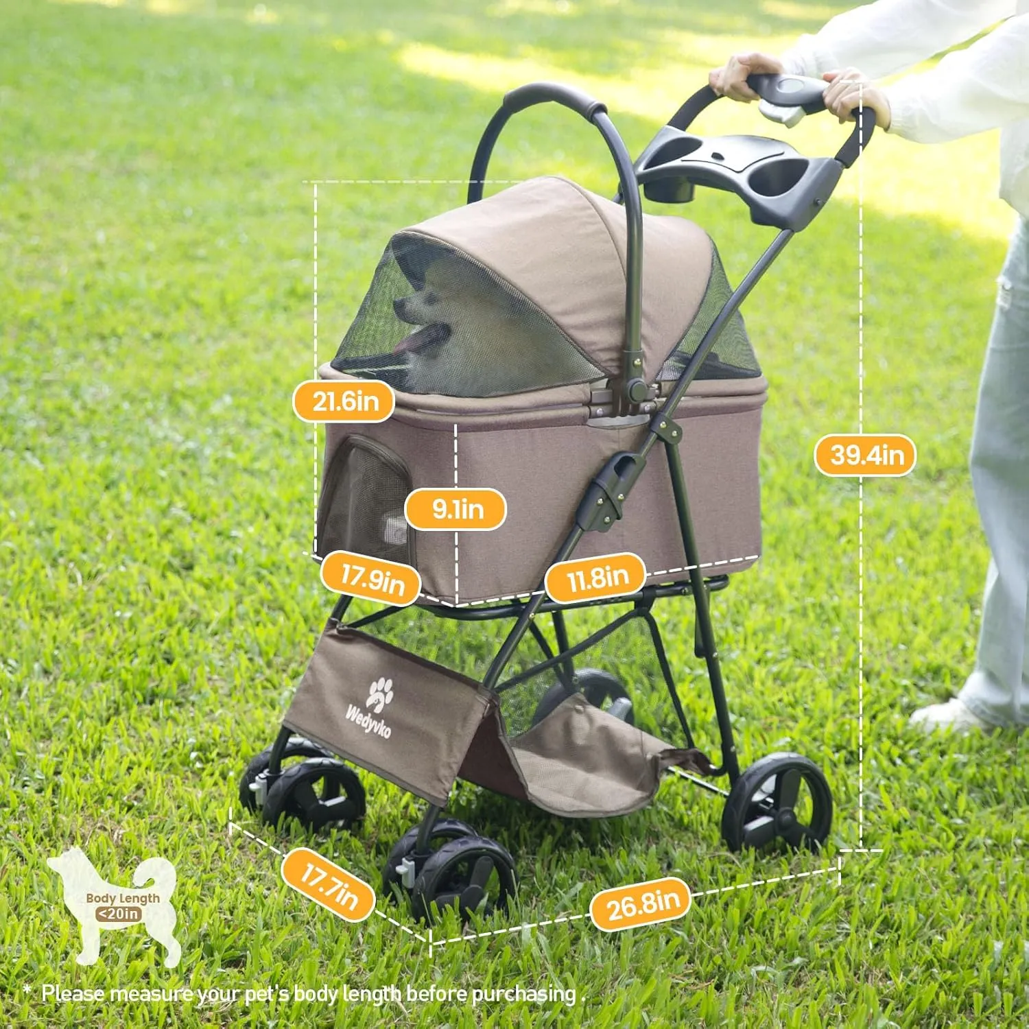 Pet Stroller, 4 Wheels Pet Strolling Cart for Medium/Small Dogs and Cats, Foldable Cat Jogger/Dog Stroller with Cup Holder, Storage Basket, Breathable Mesh, All-Season Pet Carrier (Coffee)