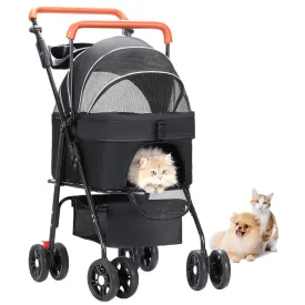 Pet Stroller for Small/Medium Cats Dogs up to 30lbs, 4 Wheels Folding Stroller with Cup Holder, Zipperless Entry, Detachble Portable Pet Bag with Storage Basket (Black)