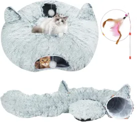 Plush Cat Tunnel Bed with Central Mat - Cat Tunnels for Indoor Cats - Donut Cat Bed with Non-Slip Bottom - Large Cat Tunnel Bed Hideaway for Kittens, Rabbit, Puppy, Ferret