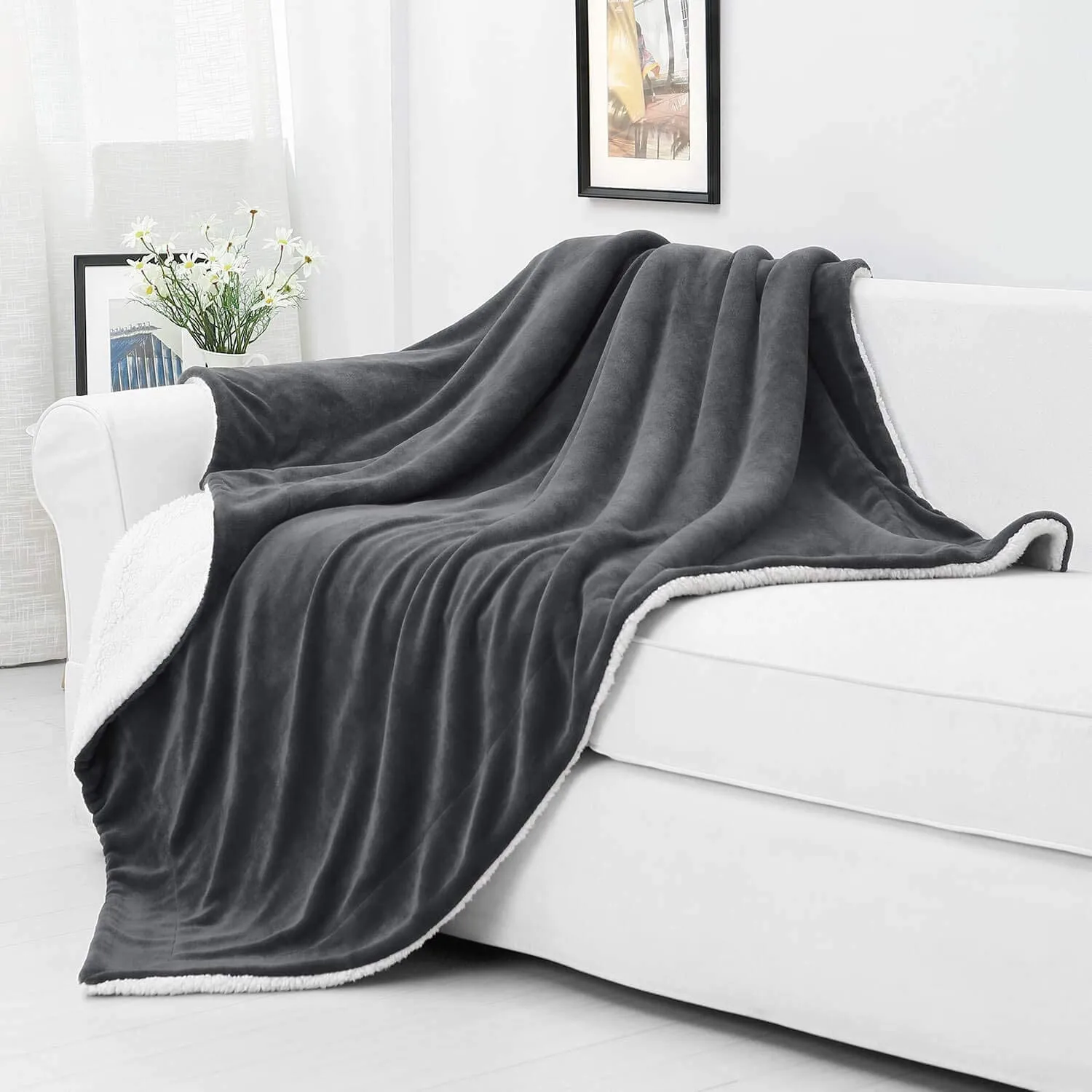 Plush Sherpa Fleece Throw Blanket Grey