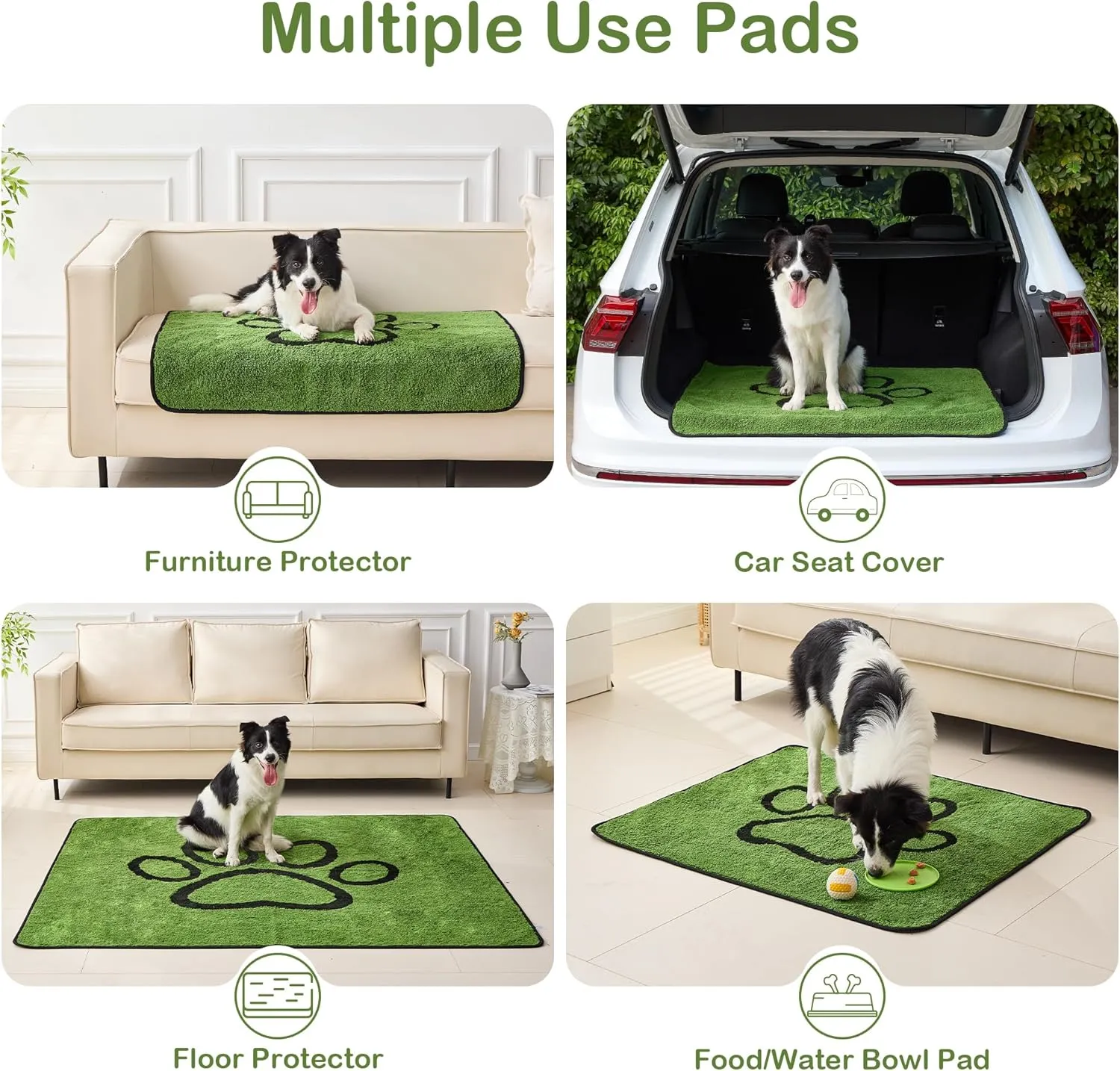 Qeils Washable Pee Pads for Dogs, 4 Pack Super Absorbent Reusable Puppy Pads with Green Long Wool for Potty Training, Floor, Couch, Bed, and Crate,30"x 34"