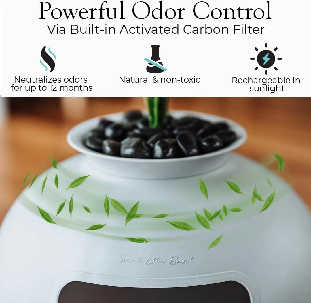 Secret Litter Box by Bundle & Bliss - Hidden Litter Box Enclosure, Patented Design with Odor Control, Includes Faux Plant, Carbon Filter and Real Stones Vivid White