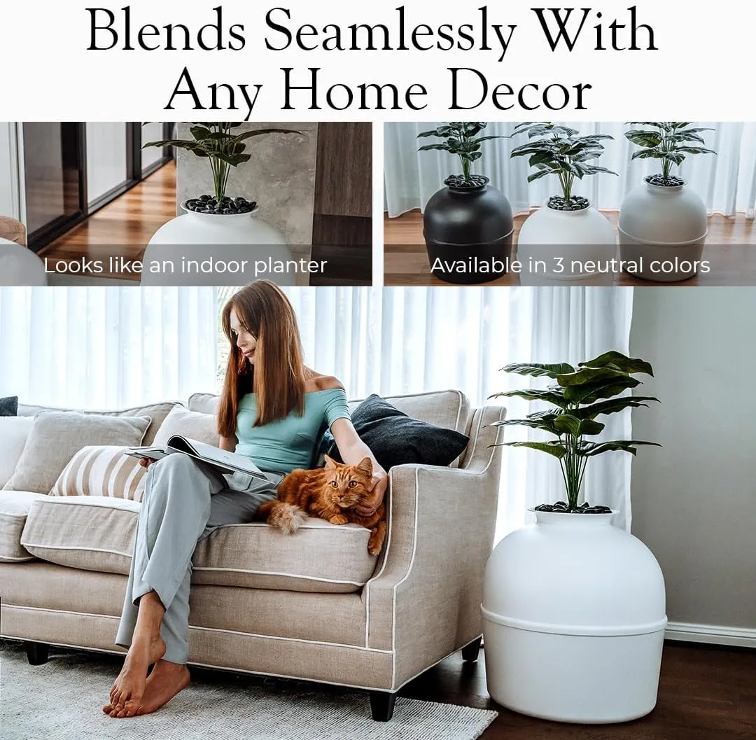 Secret Litter Box by Bundle & Bliss - Hidden Litter Box Enclosure, Patented Design with Odor Control, Includes Faux Plant, Carbon Filter and Real Stones Vivid White