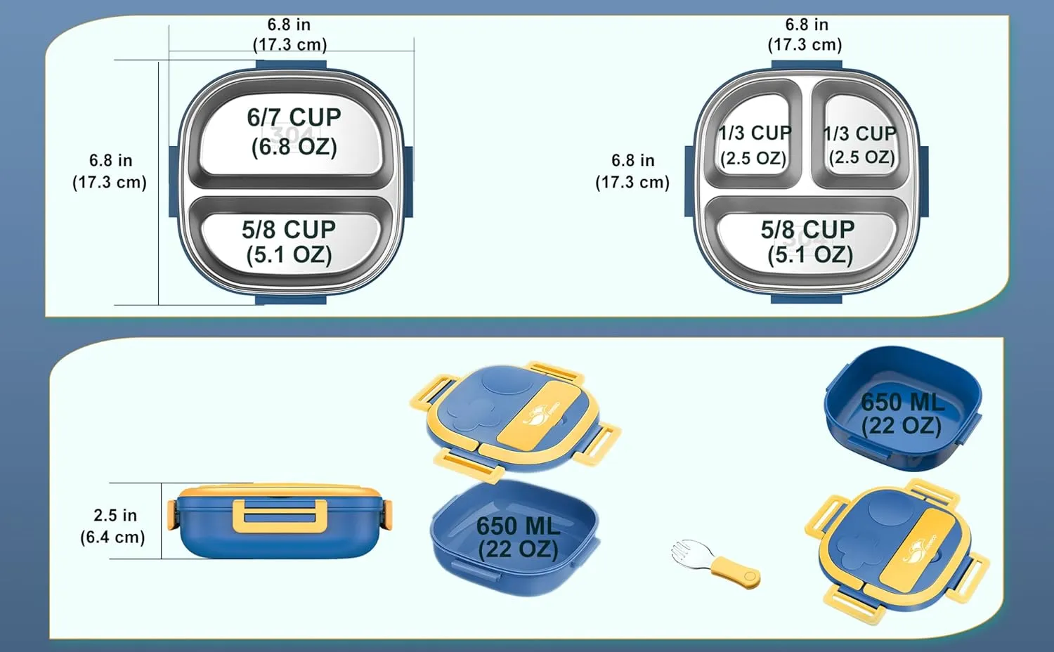 Small Stainless Steel Bento Box or Snack Box for Toddlers(Ages 0-2)3-Compartment Lunch Set with Portable CutleryLeakProof,Dishwasher Safe & BPA-Free,Daycare,Preschool,Travel(Blue,Not Insulated)