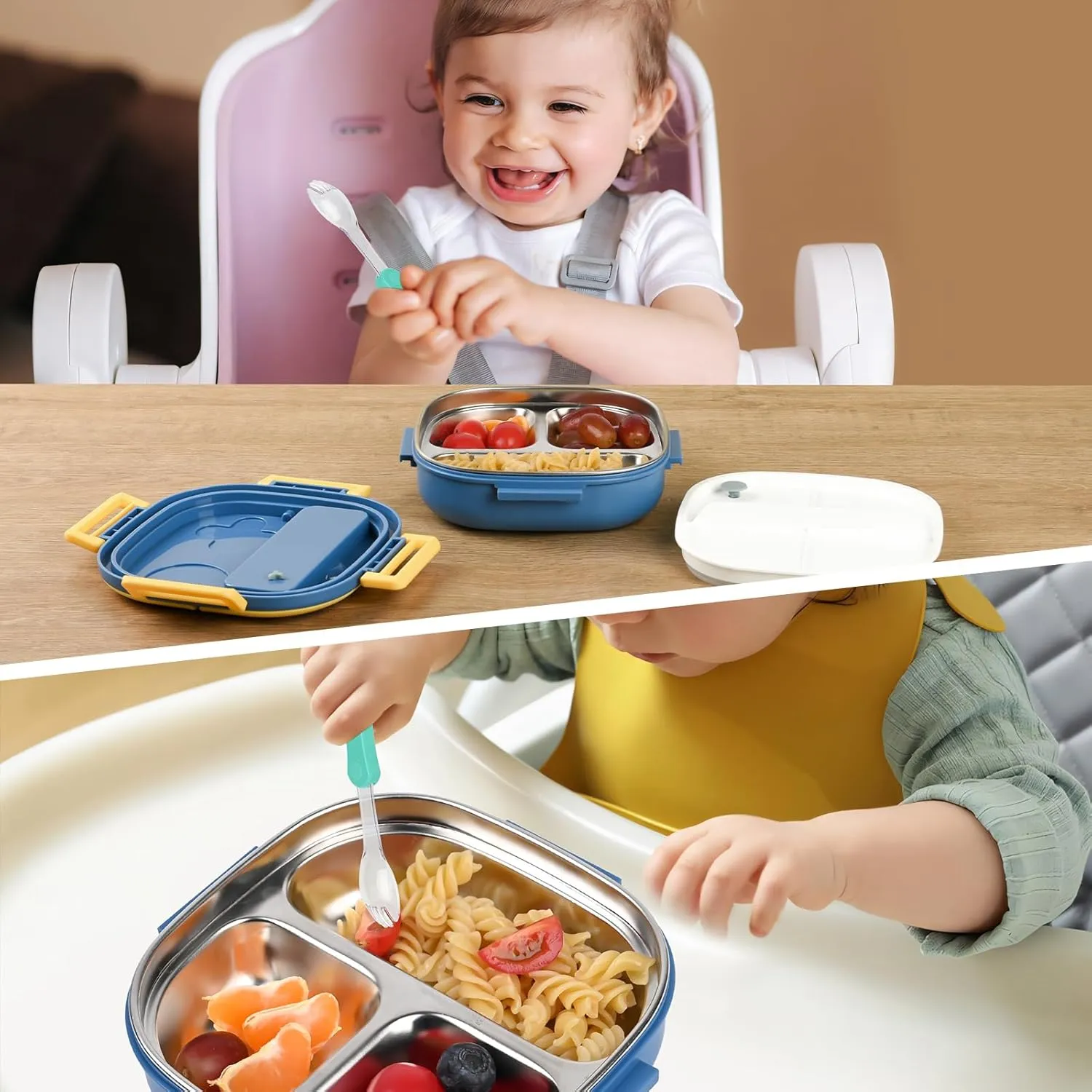 Small Stainless Steel Bento Box or Snack Box for Toddlers(Ages 0-2)3-Compartment Lunch Set with Portable CutleryLeakProof,Dishwasher Safe & BPA-Free,Daycare,Preschool,Travel(Blue,Not Insulated)