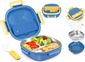 Small Stainless Steel Bento Box or Snack Box for Toddlers(Ages 0-2)3-Compartment Lunch Set with Portable CutleryLeakProof,Dishwasher Safe & BPA-Free,Daycare,Preschool,Travel(Blue,Not Insulated)